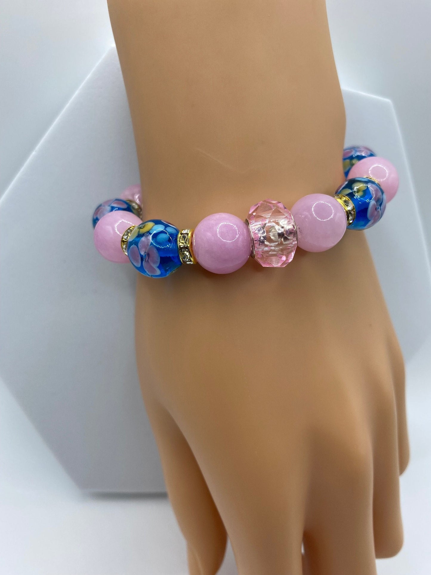 Lavender Jade Bracelet: Blue Floral Lampwork Glass & Crystal