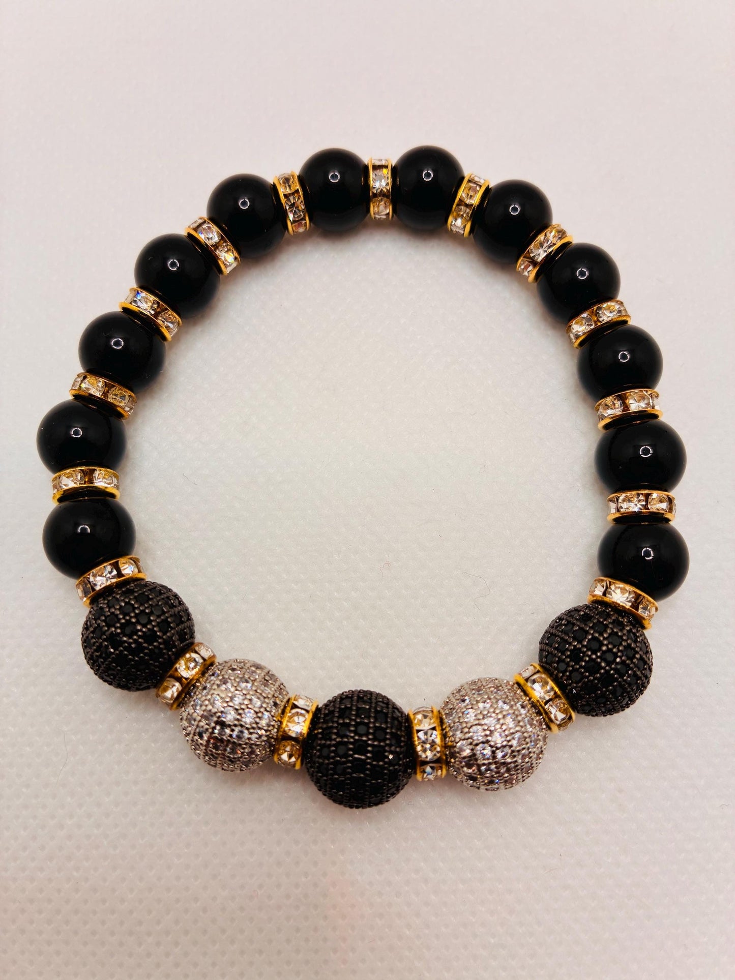 Black Onyx Bracelet with Brass Rhinestone & Zirconia Beads: Gold Plated Rondelles