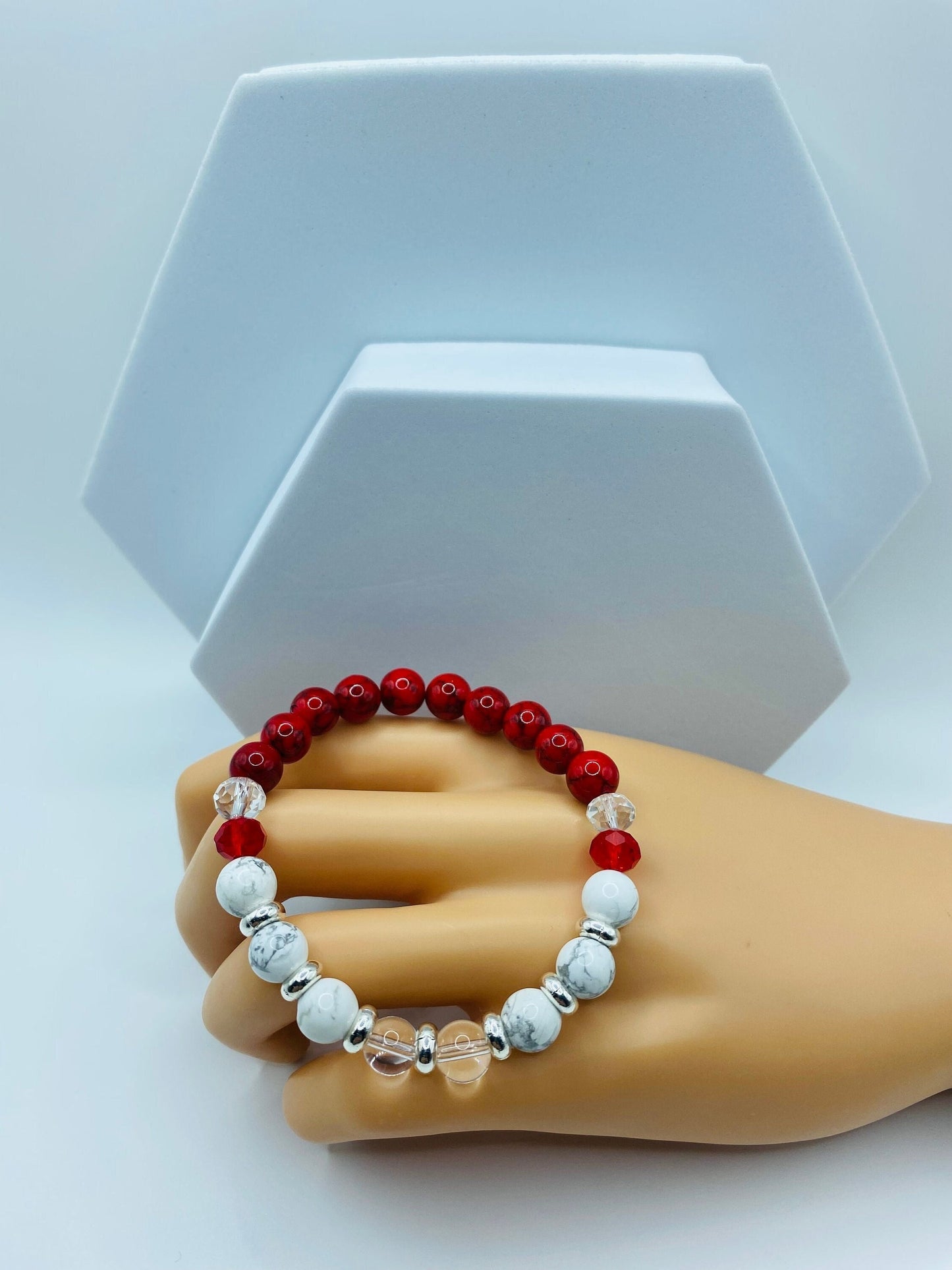 Red Turquoise & Howlite Gemstone Bracelet: Crystal Quartz Beaded Jewelry