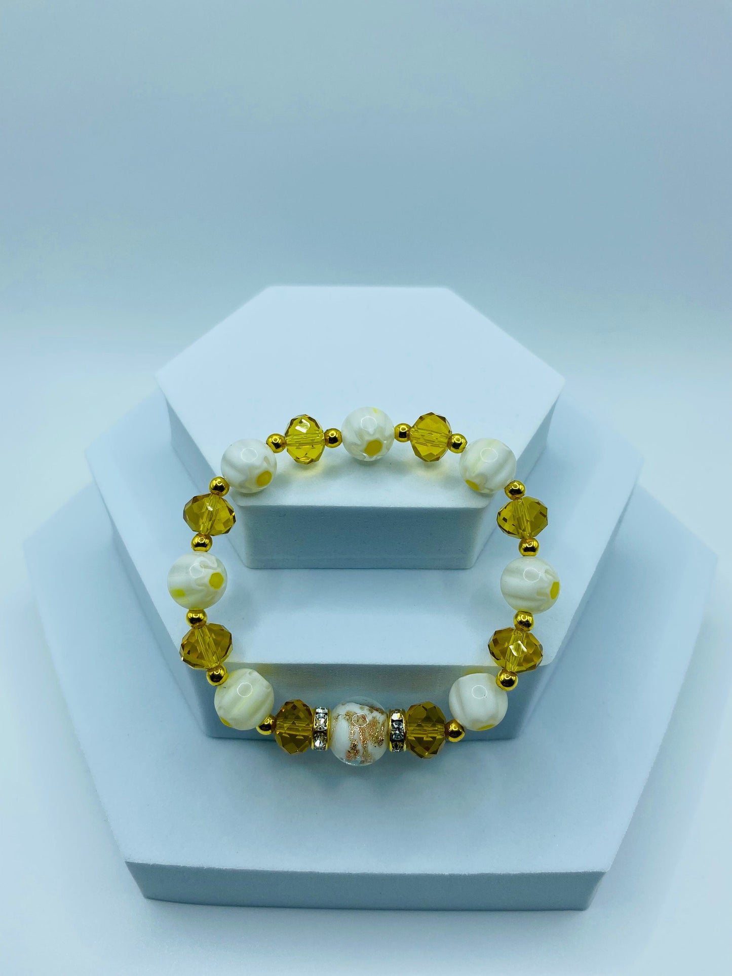 Lampwork Glass Bead Bracelet: Crystal & 18k Gold Hematite