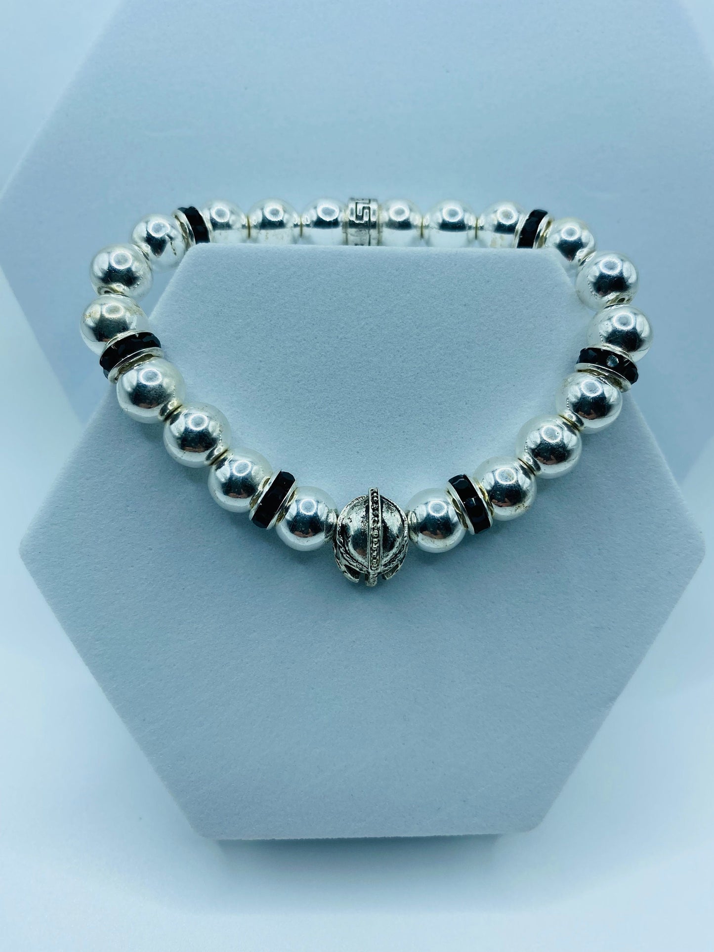 Mens Spartan Helmet Bracelet: Silver Hematite Gemstone Beads, Medieval Jewelry