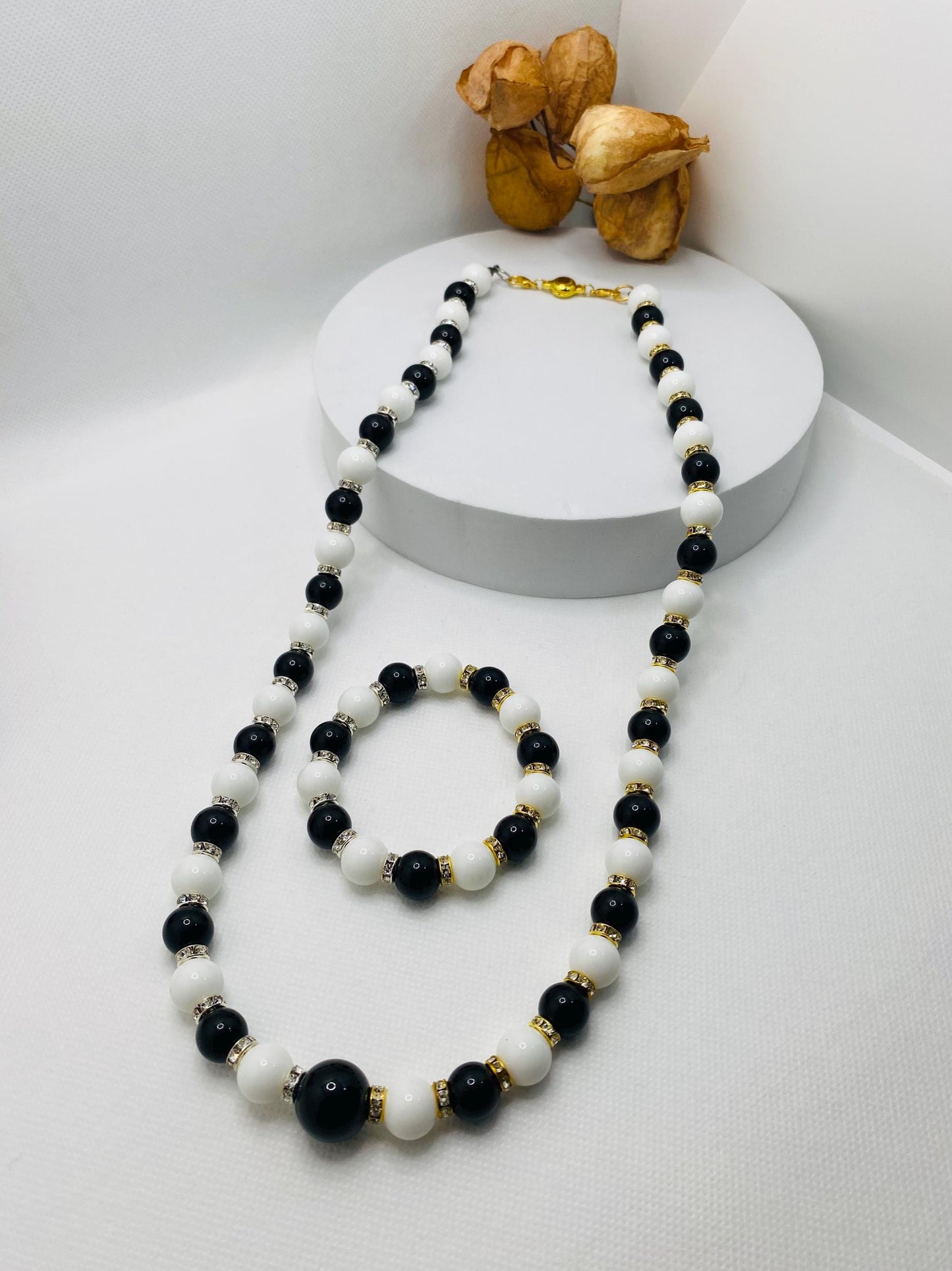 Handmade Onyx Necklace and Bracelet Set: Black and White Gemstone Jewelry