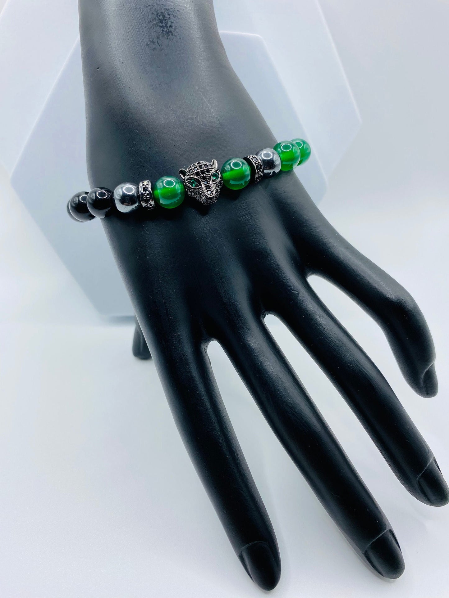 Handmade Black Panther Charm Bracelet: Onyx, Jade & Hematite Gemstone Beads