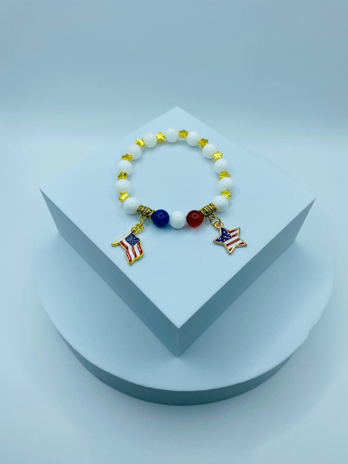 American Flag Charm Bracelet: Red Carnelian, Blue Agate, Mother of Pearl