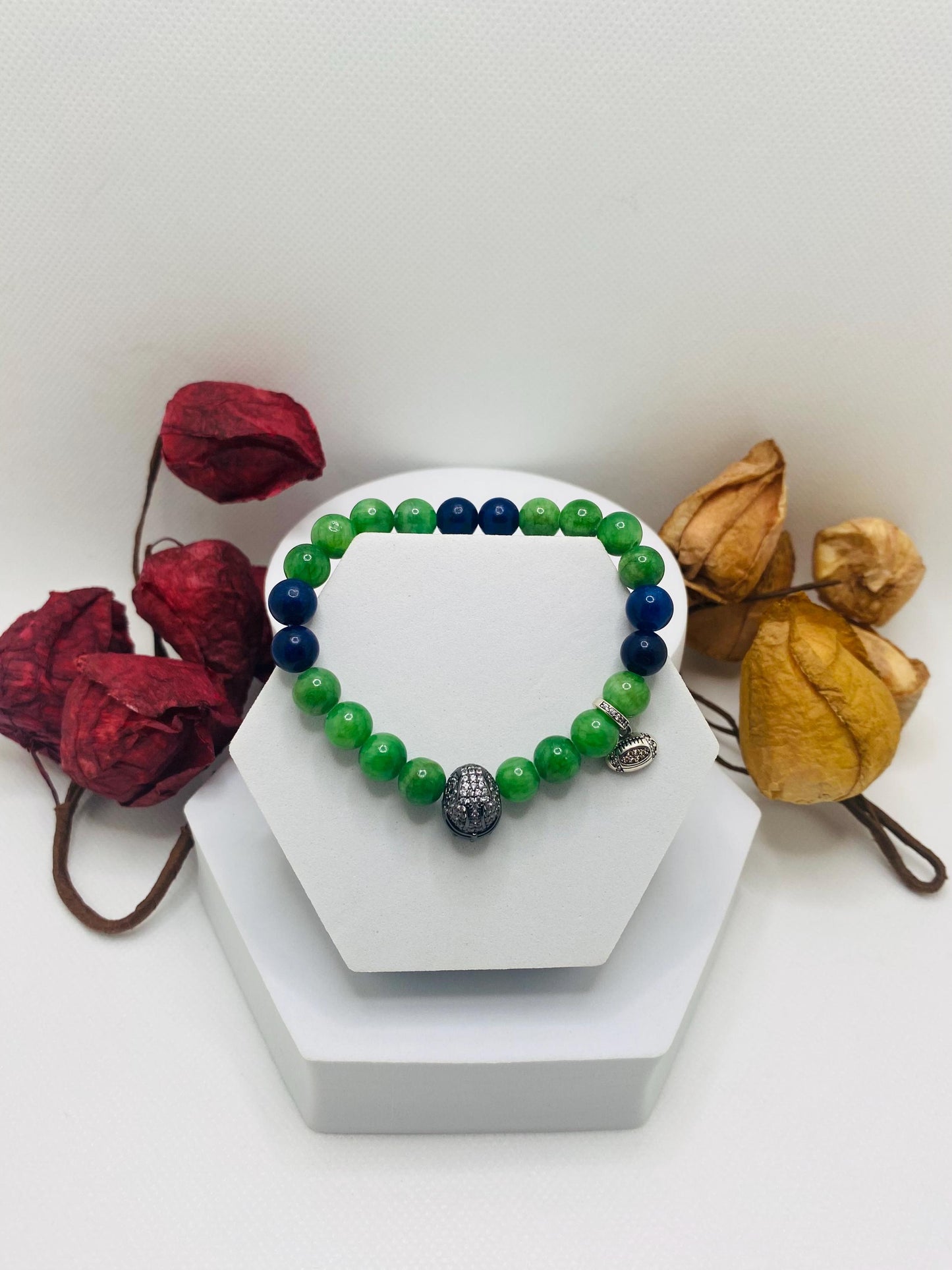 Seattle Seahawks Beaded Bracelet: Chalcedony, Lapis Lazuli, Football Charms