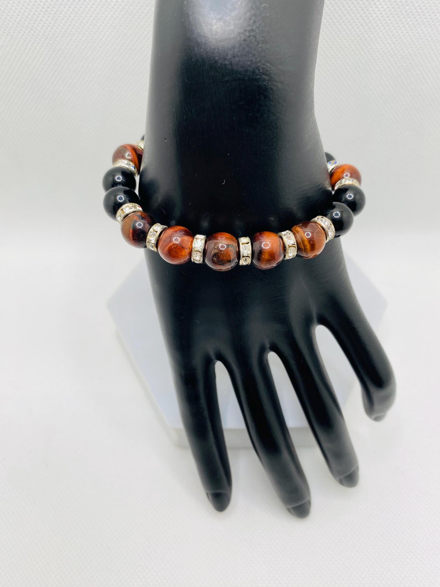 Mens Black Onyx & Red Tiger's Eye Beaded Bracelet: Handmade Gemstone Jewelry