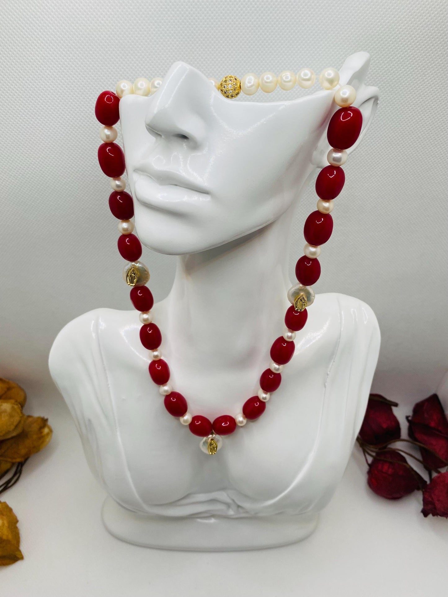 Handmade Red Jade Pearl Necklace: Virgin Mary Religious Jewelry