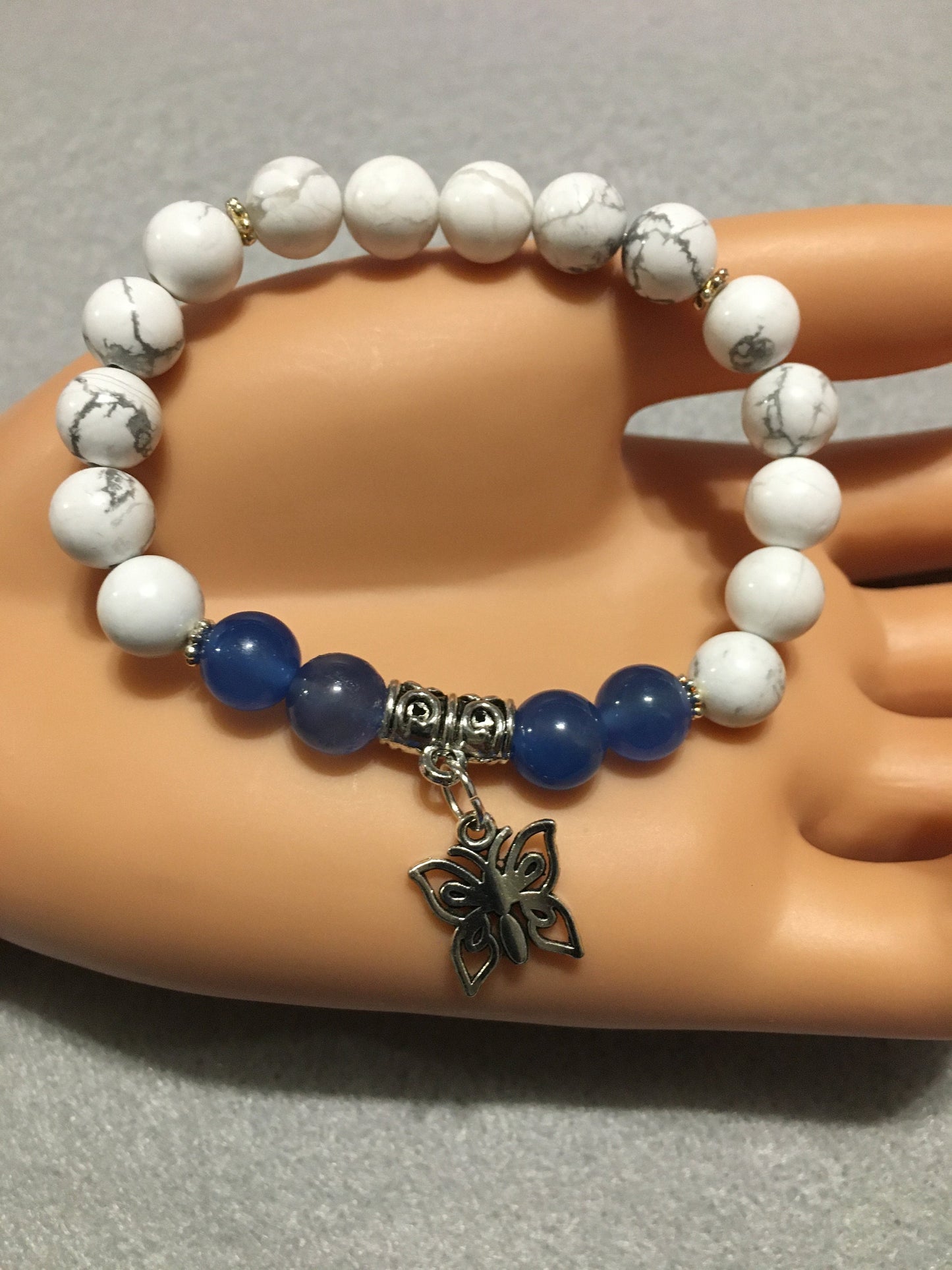 Butterfly Charm Bracelet: Blue Lace Agate & Howlite Gemstone Beads