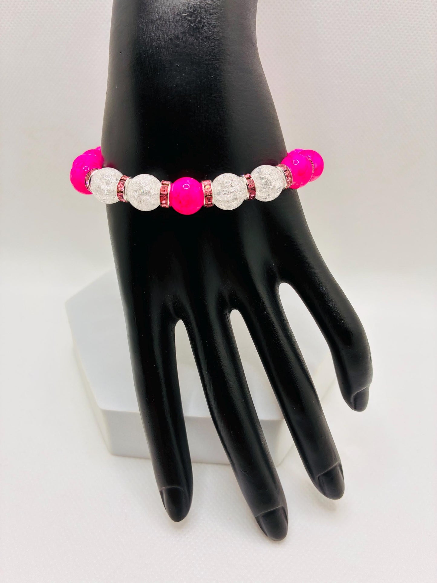 Hot Pink Crystal Glass Bead & Crackle Quartz Bracelet with Silverplated Pink Rhinestone Rondelles