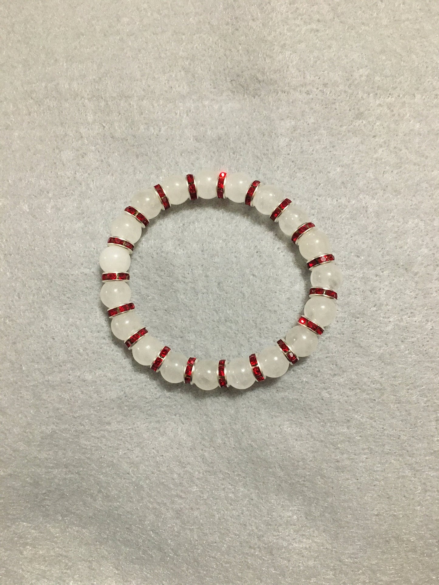 White Jade Bracelet with Red Rhinestone Rondelles