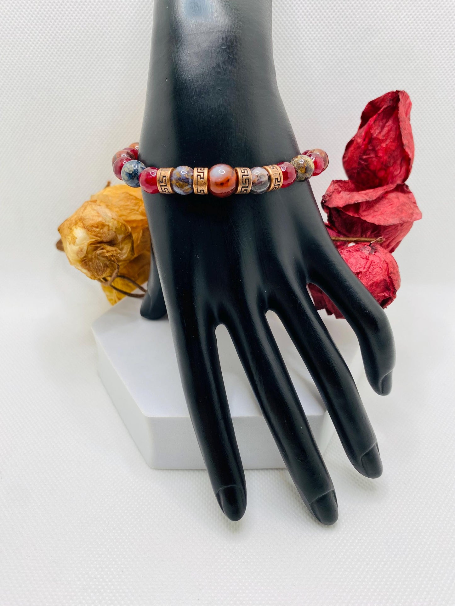 Carnelian Bracelet: Natural Pietersite, Agate, and Tibetan Spacers