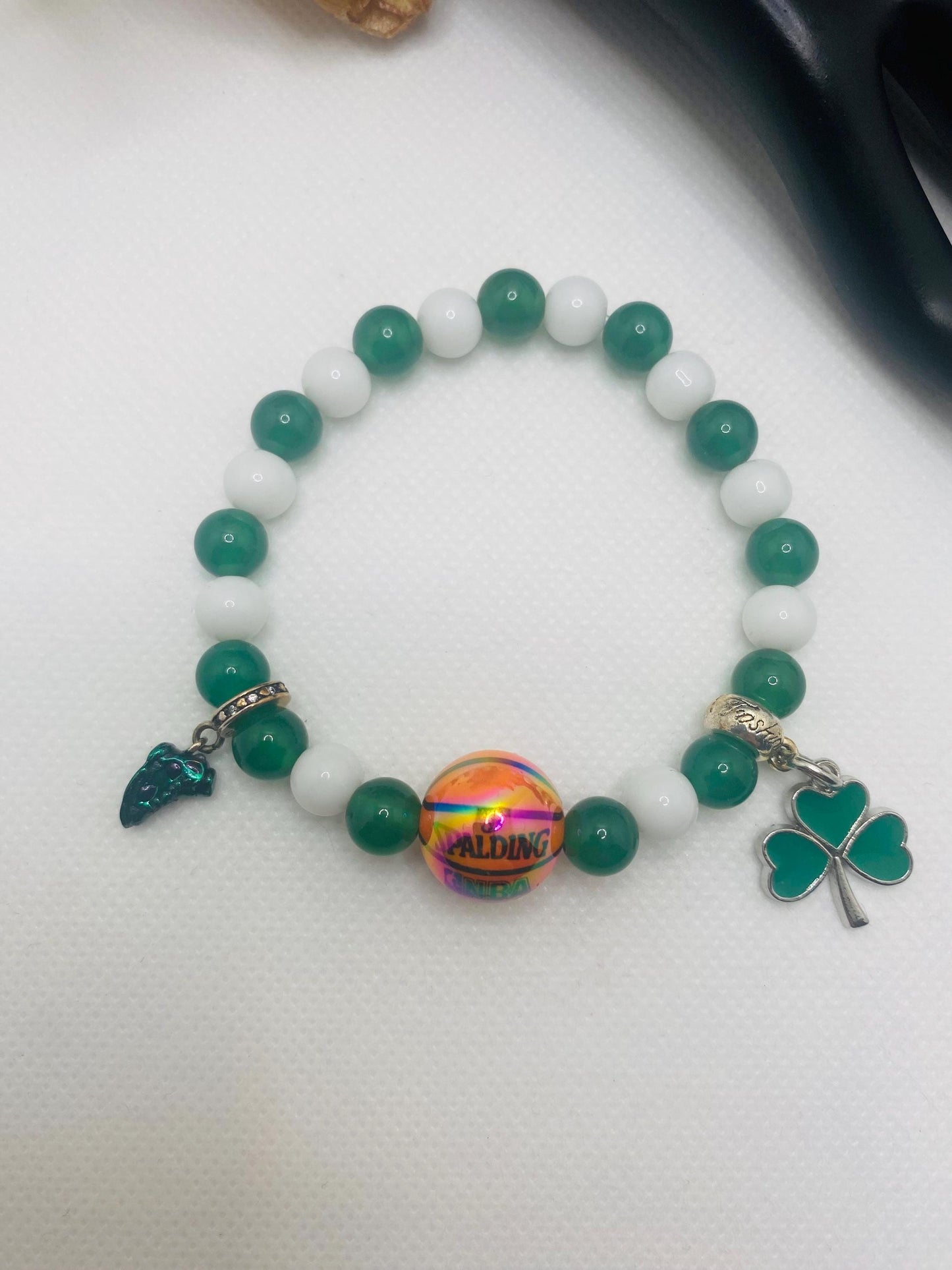 Boston Celtics Jade Beaded Bracelet with Basketball Bead & Clover Charm