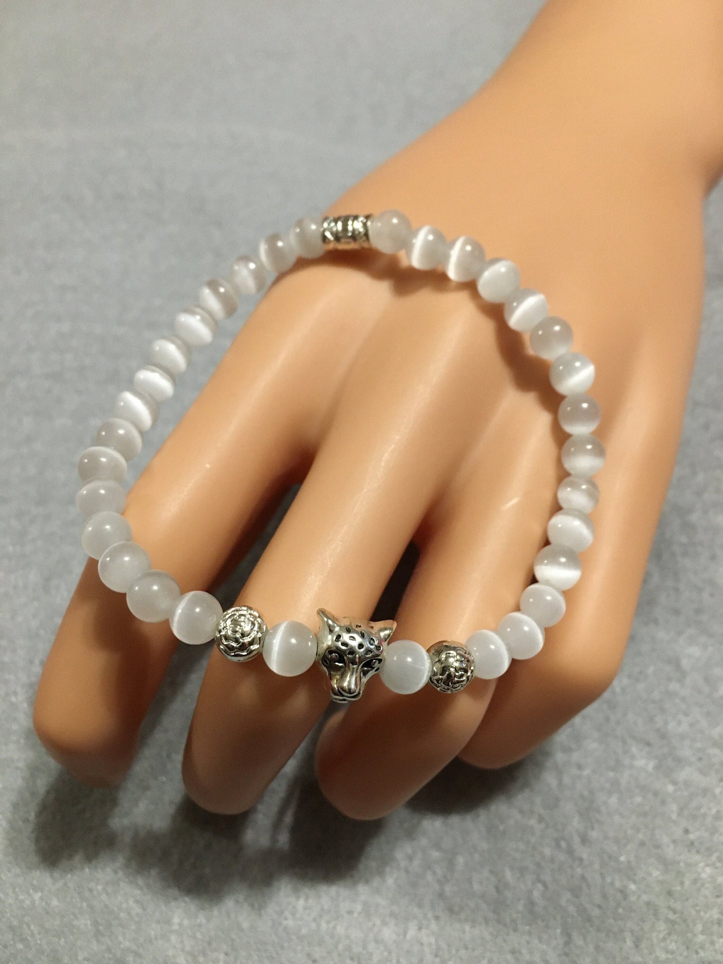 Leopard Charm Bracelet: White Cats Eye Bead, Silver Accents