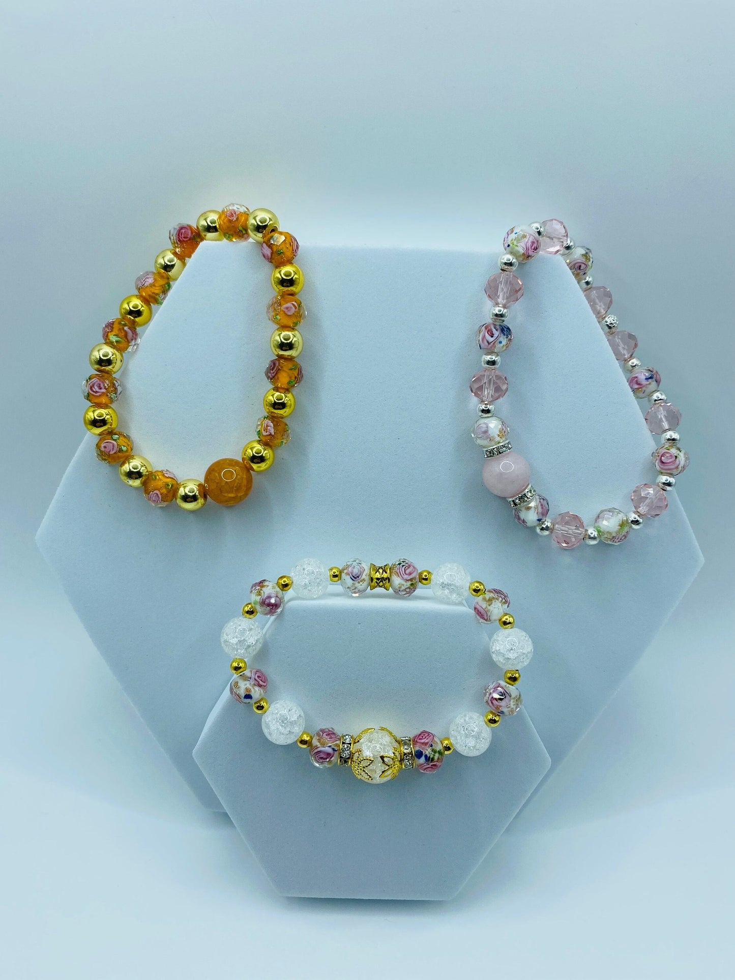 Quartz Crystal Bracelet: Lampwork Floral Glass & 18k Gold Hematite Beads