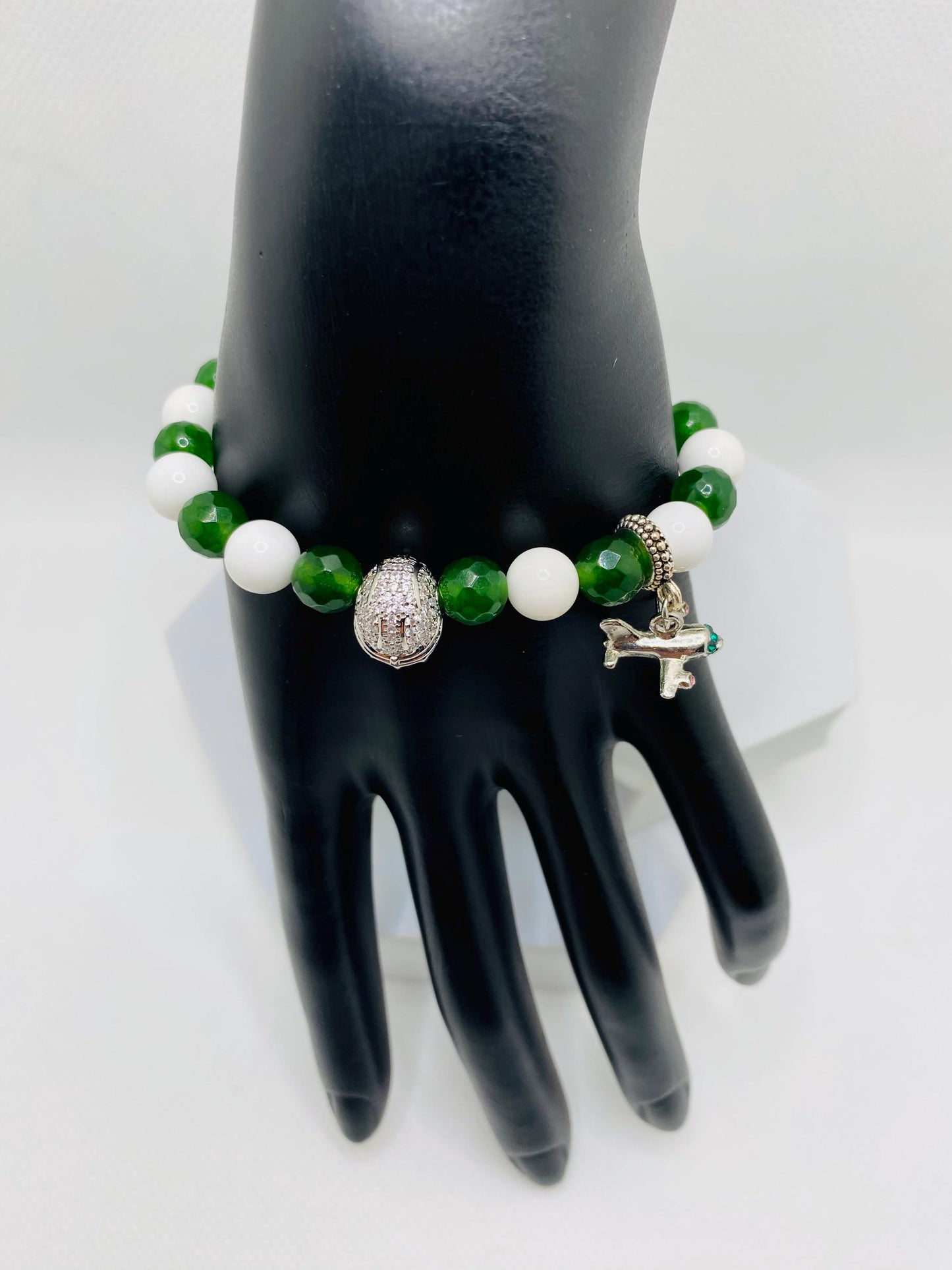 New York Jets Jade Beaded Bracelet: Football Helmet & Airplane Charm