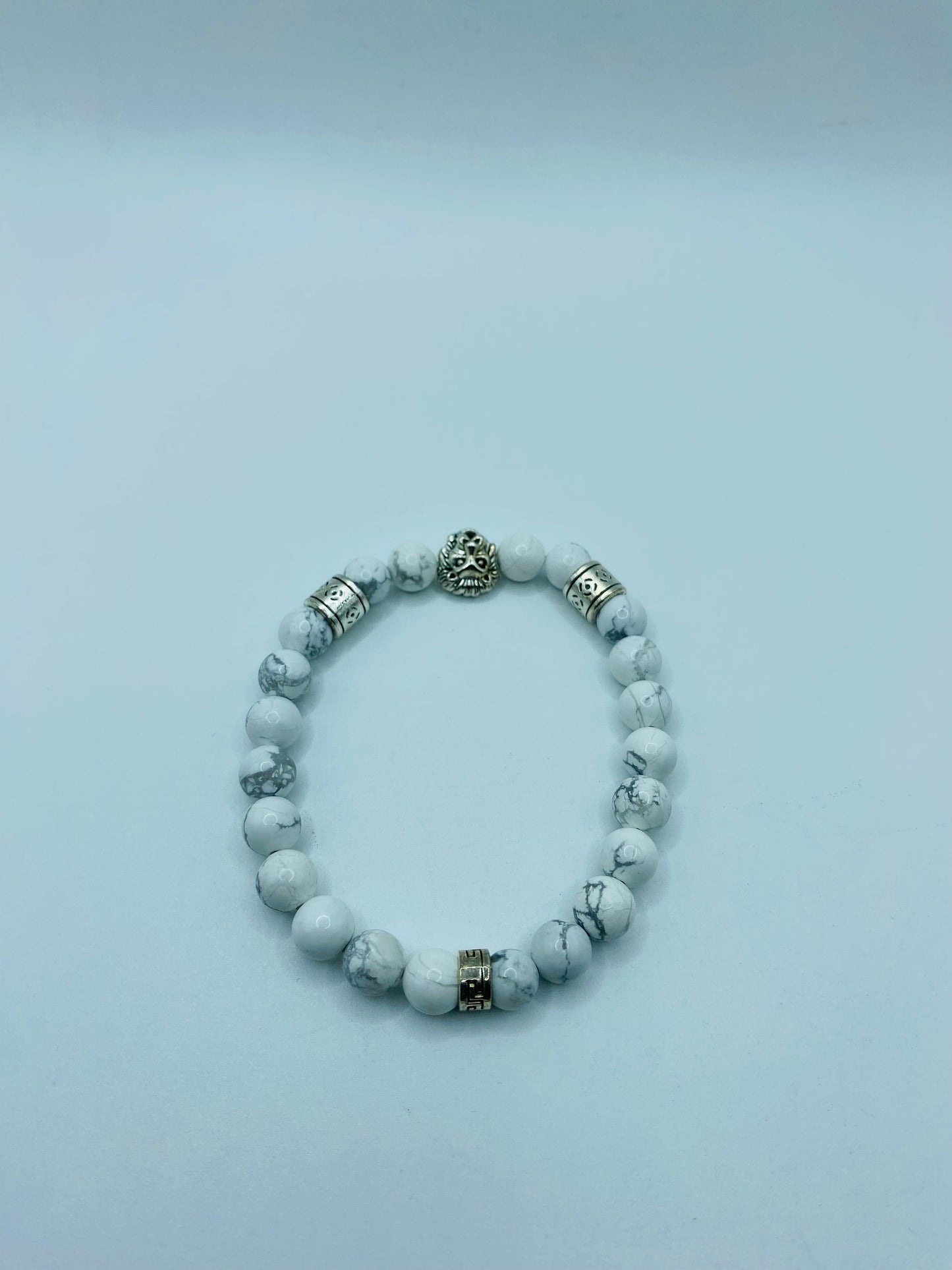 Mens Howlite Bracelet: Lion Charm, Tibetan Silver Spacers