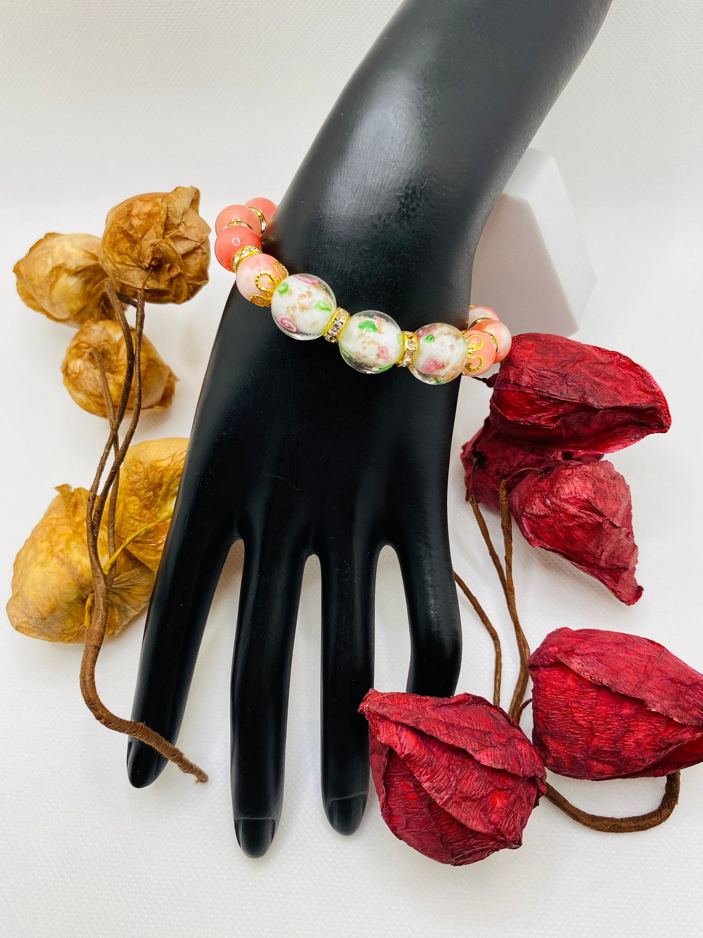 Jade Bracelet: Pink Lampwork Glass Beads, 18k Gold Rondelles