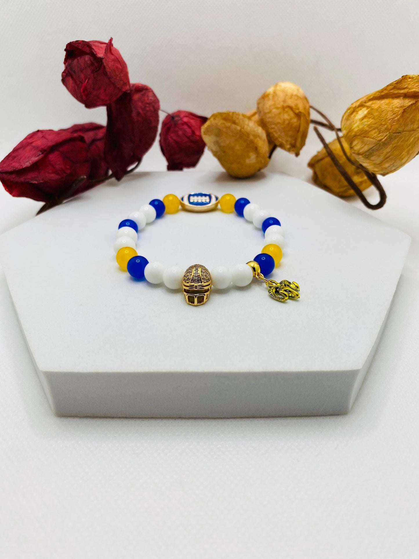 Los Angeles Rams Bracelet: Agate & Kyanite Gemstone Beads, Football Charm