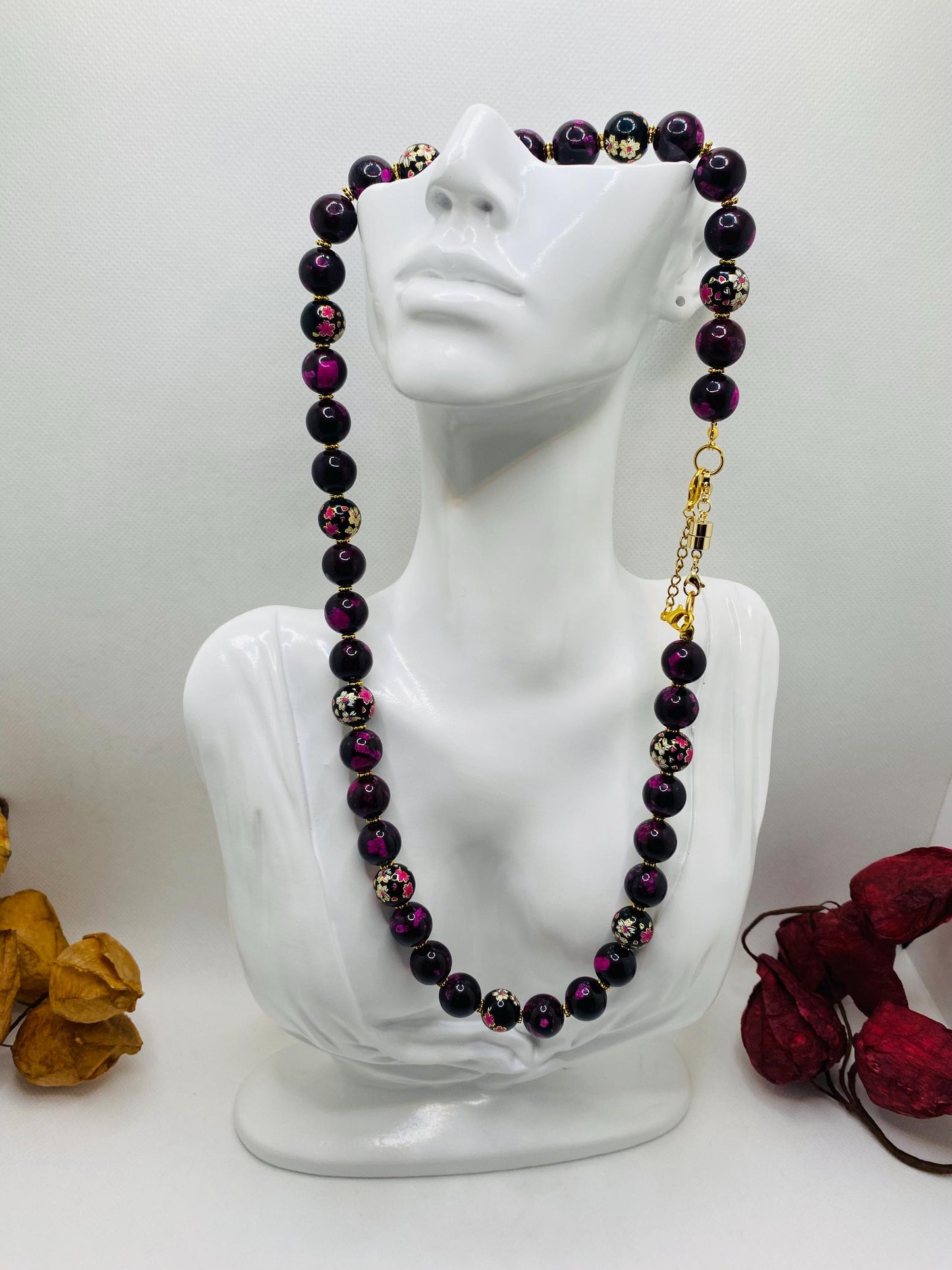 Dark Red Jasper Beaded Necklace: Floral Glass & Gold Accents