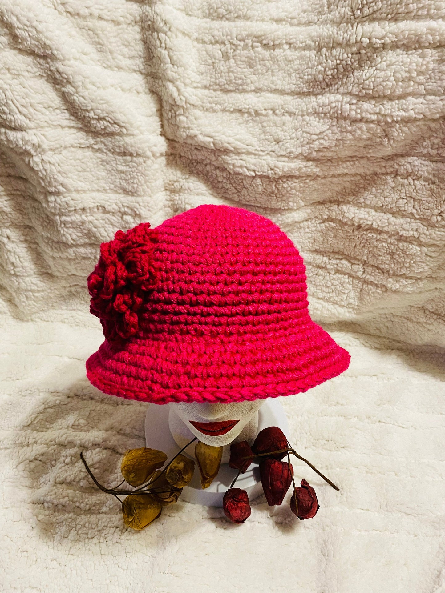 Hot Pink Crochet Bucket Hat with Flower: Handmade Acrylic Sun Hat