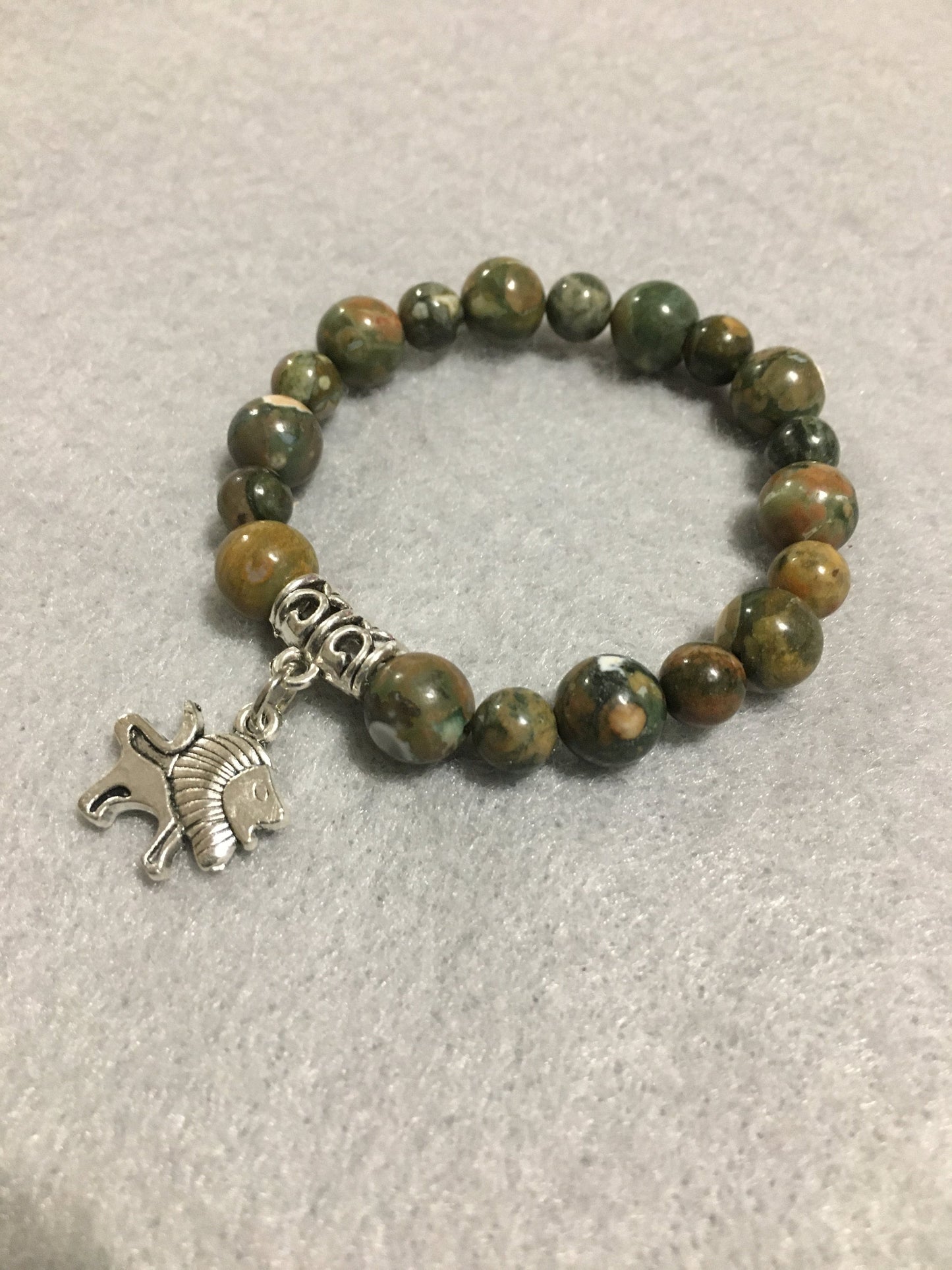 Lion Charm Bracelet: Rhyolite Gemstone Beads, Antique Silver Lion