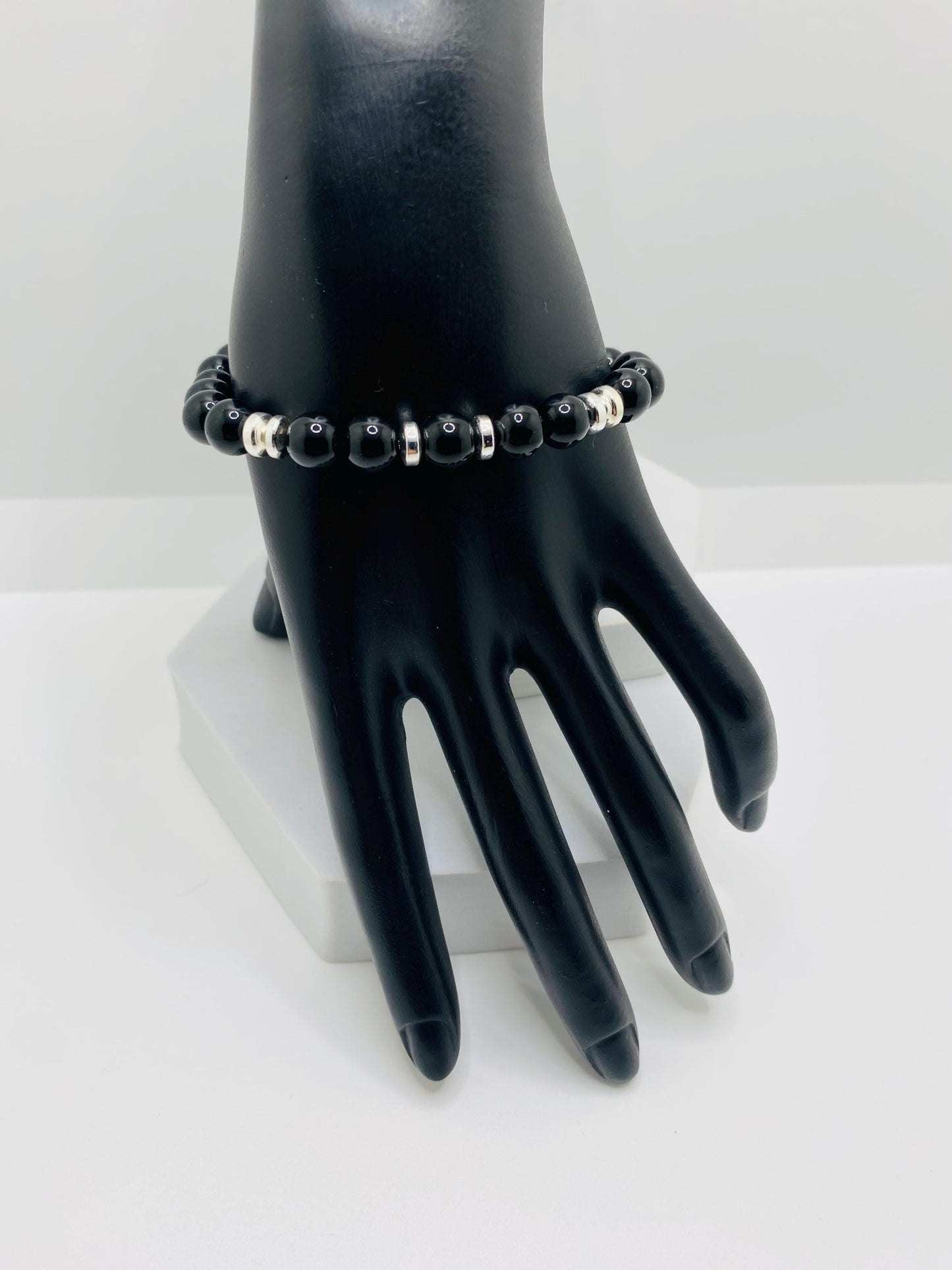 Black Onyx Beaded Bracelet for Men: Silver Plated Accents
