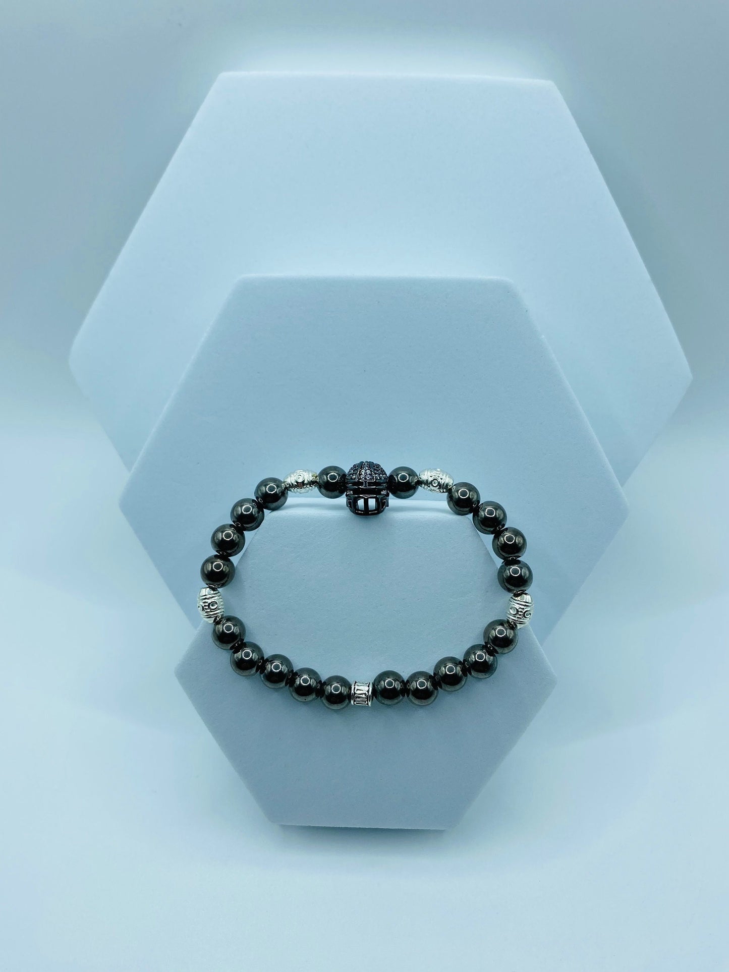 Las Vegas Raiders Mens Bracelet - Hematite Gemstone Beads & Football Helmet - Bracelets for Women