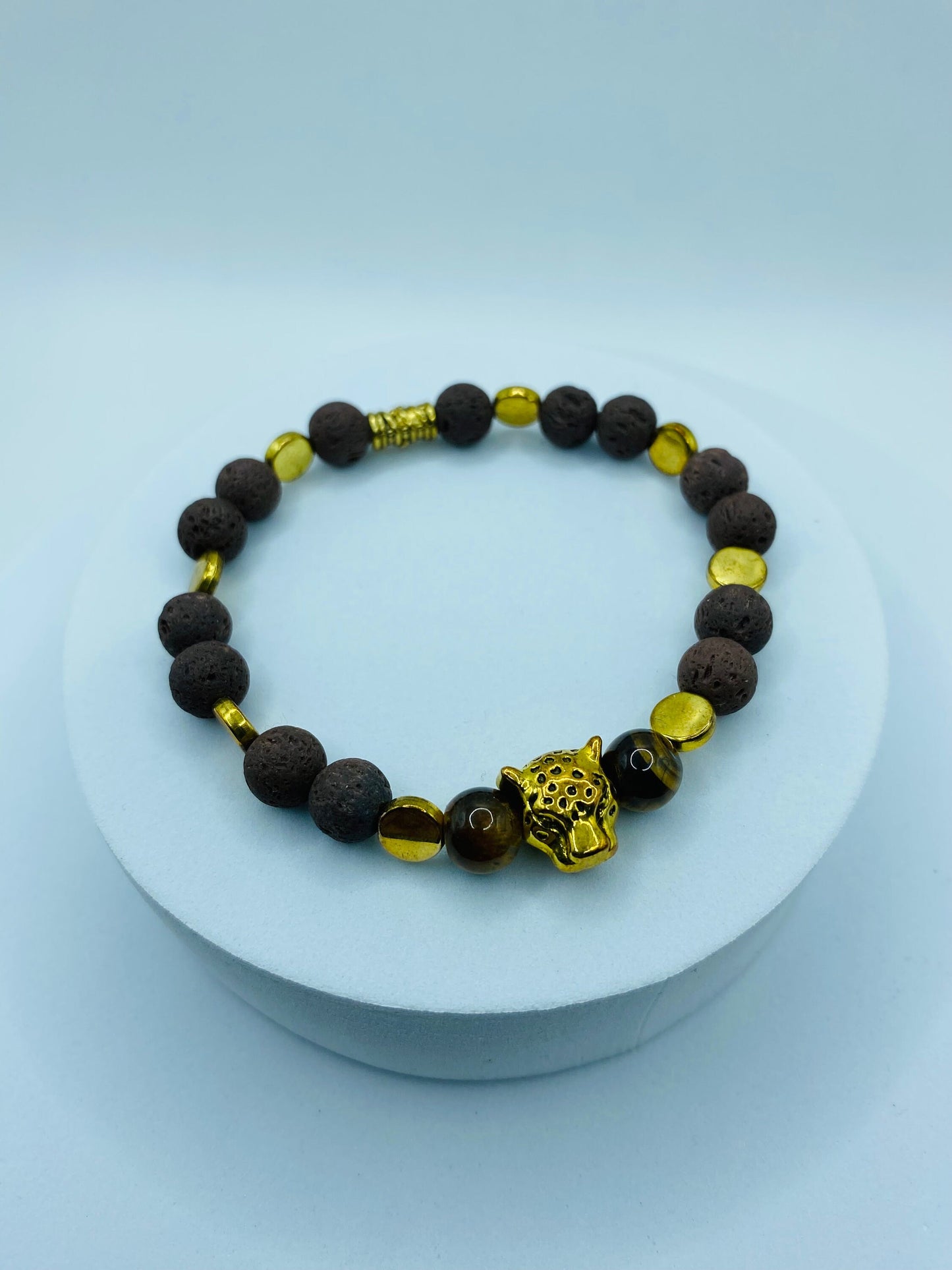 Lava Rock Bracelet: Leopard Charm, Tiger's Eye Beads, Handmade