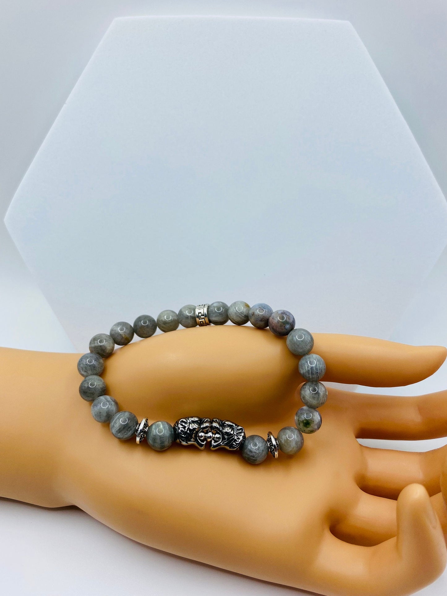 Mens Labradorite Beaded Bracelet: Stainless Steel Tiger Charm