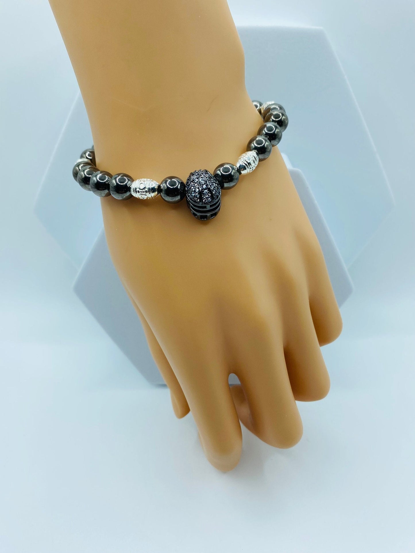 Las Vegas Raiders Mens Bracelet - Hematite Gemstone Beads & Football Helmet - Bracelets for Women