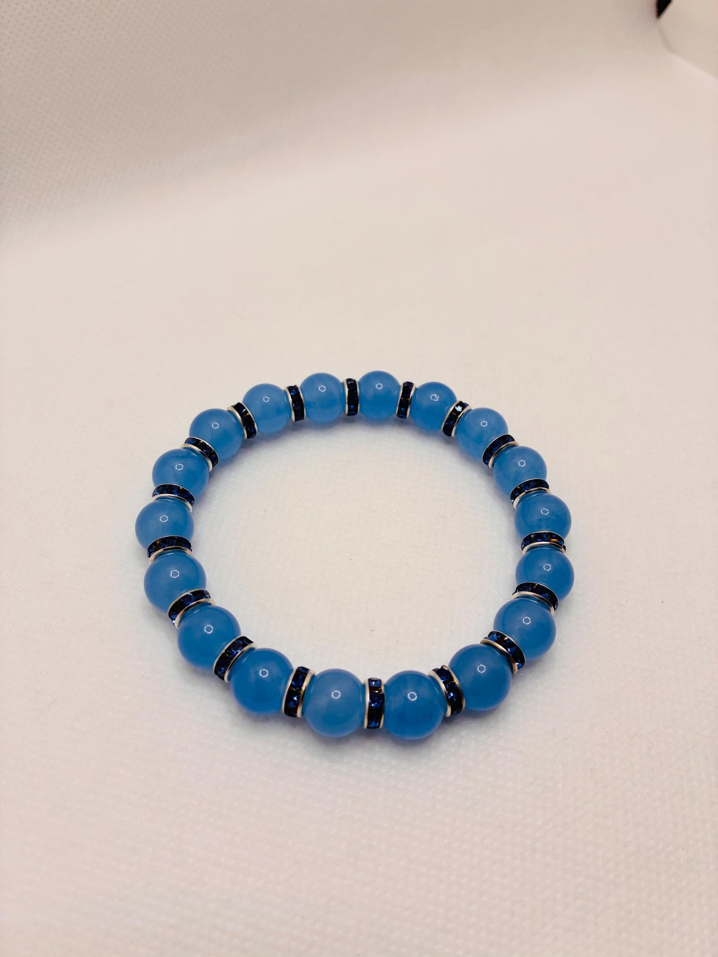 Aquamarine Blue Chalcedony Gemstone Bracelet with Blue Rhinestone Rondelles