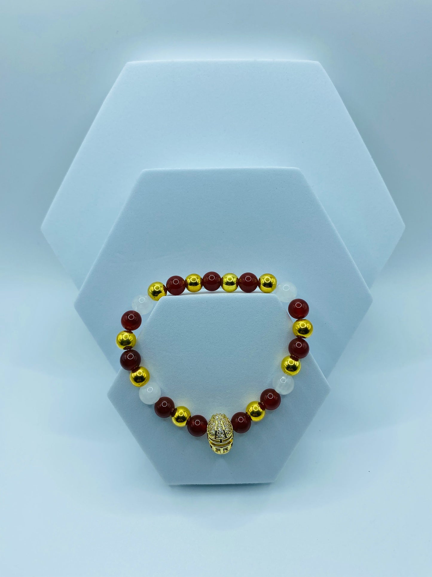 49ers Gemstone Bracelet: CZ Football Helmet, Jade & Carnelian Beads