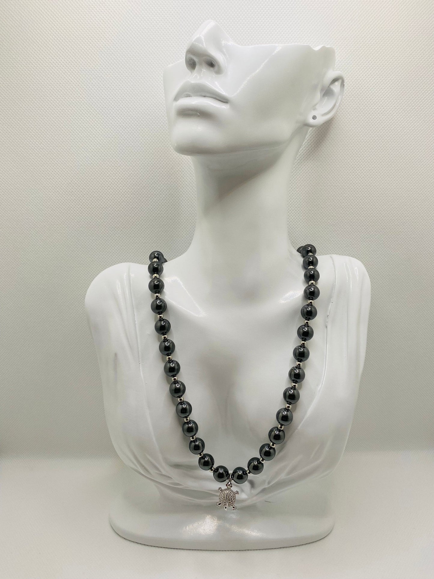 Hematite Gemstone Necklace: Silver Turtle Charm, Handmade Beaded Jewelry