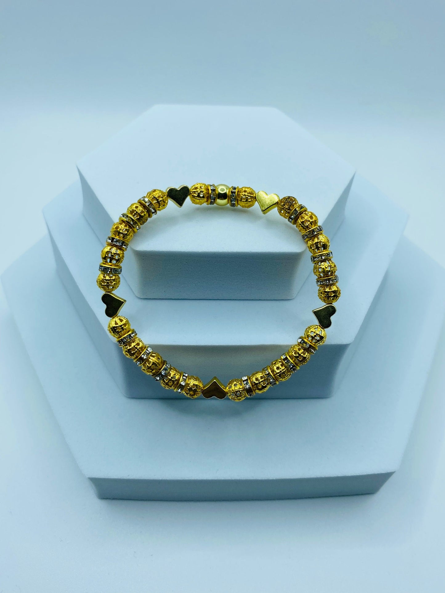 Gold Plated Heart Charm Bracelet: Rhinestone Beaded Jewelry