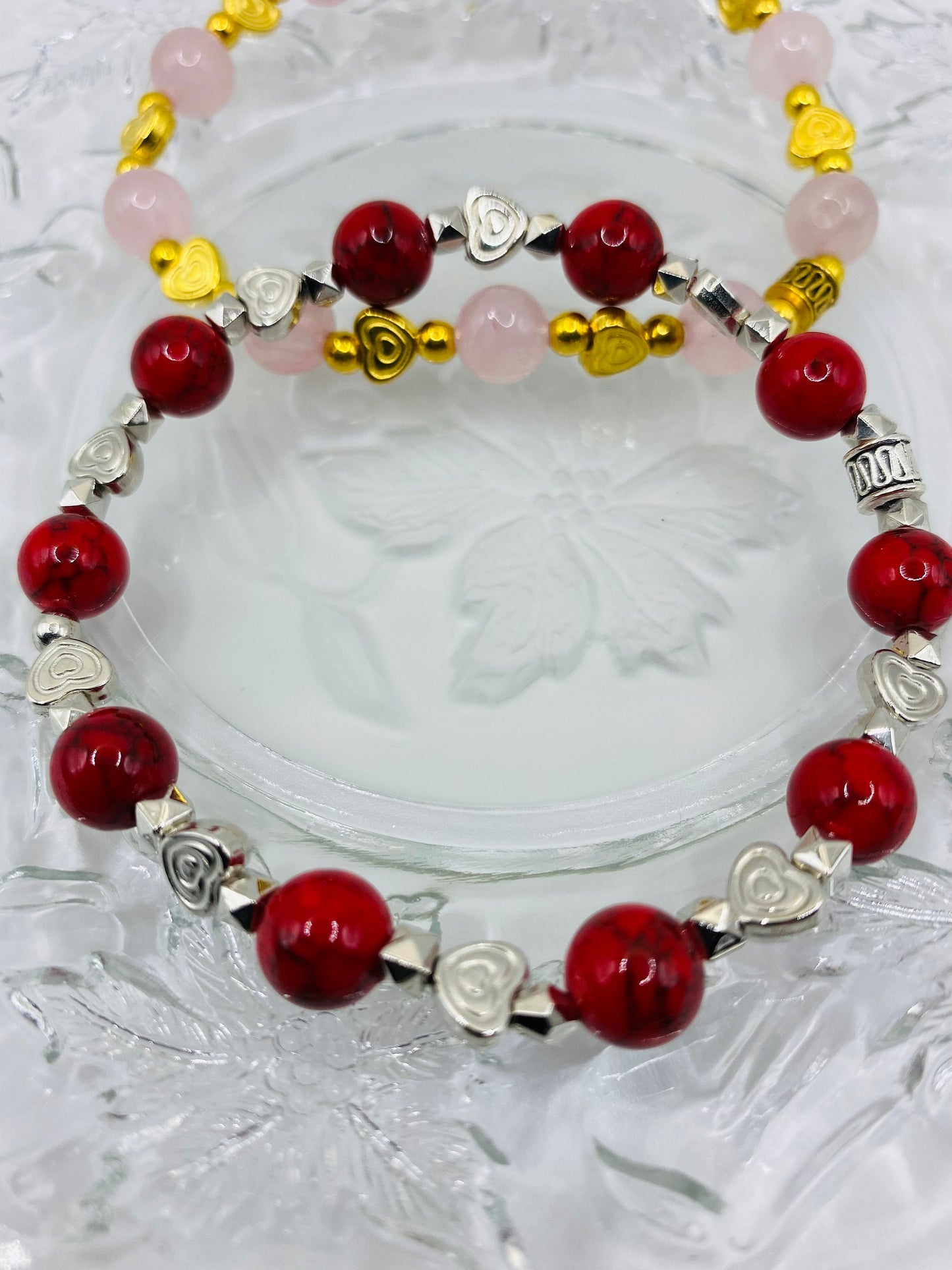 Red Turquoise Bracelet with White Gold Heart Charms