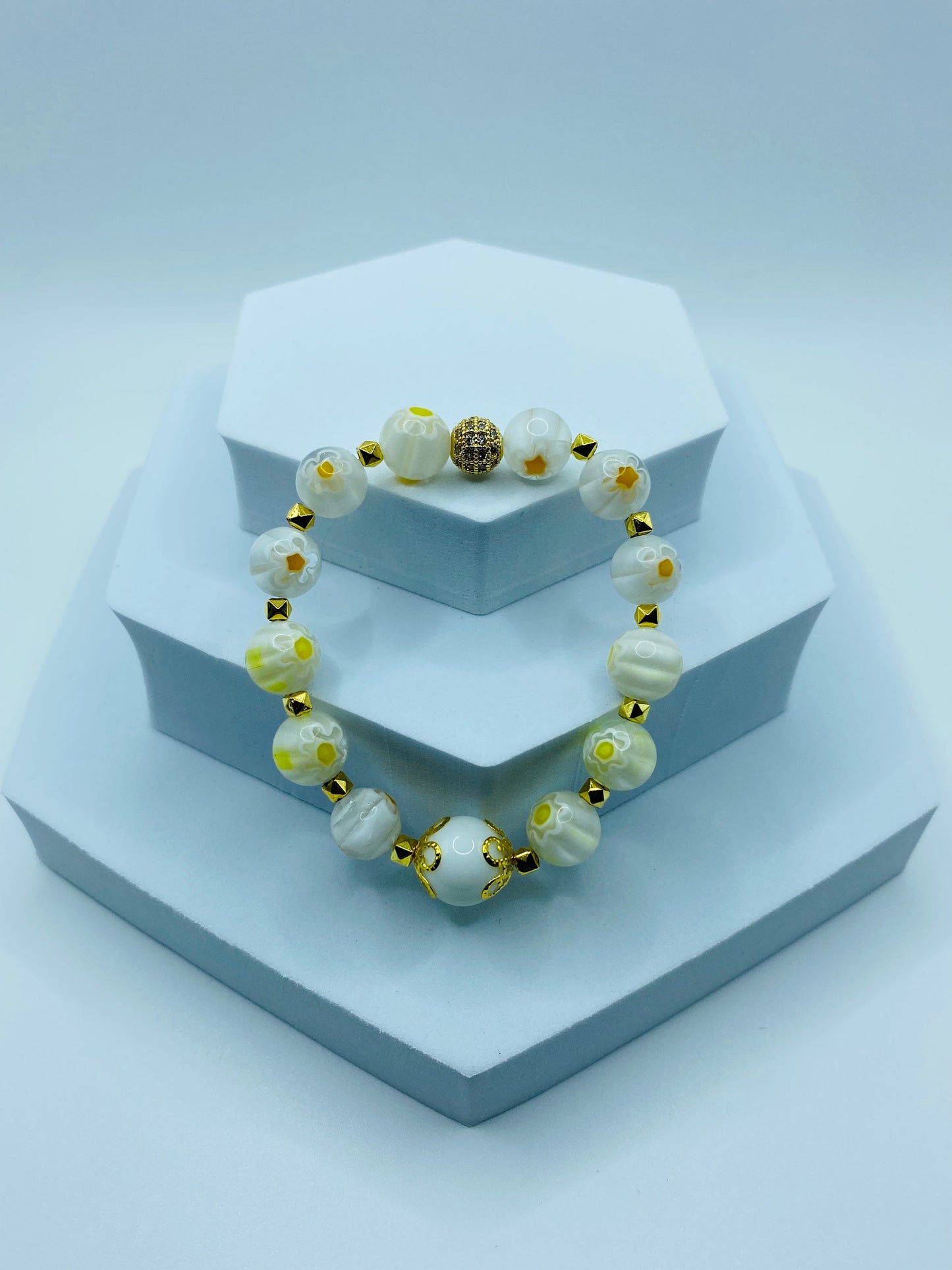 White Jade Bracelet: Millefiori Lampwork Glass Beads, 18k Gold-Plated Accents