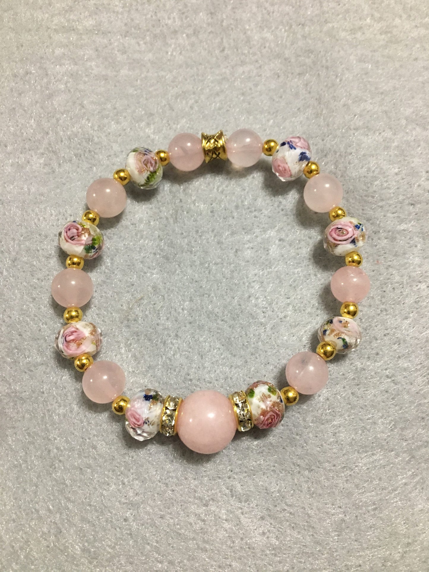 Handmade Rose Quartz Bracelet: Lampwork Floral Glass Beads