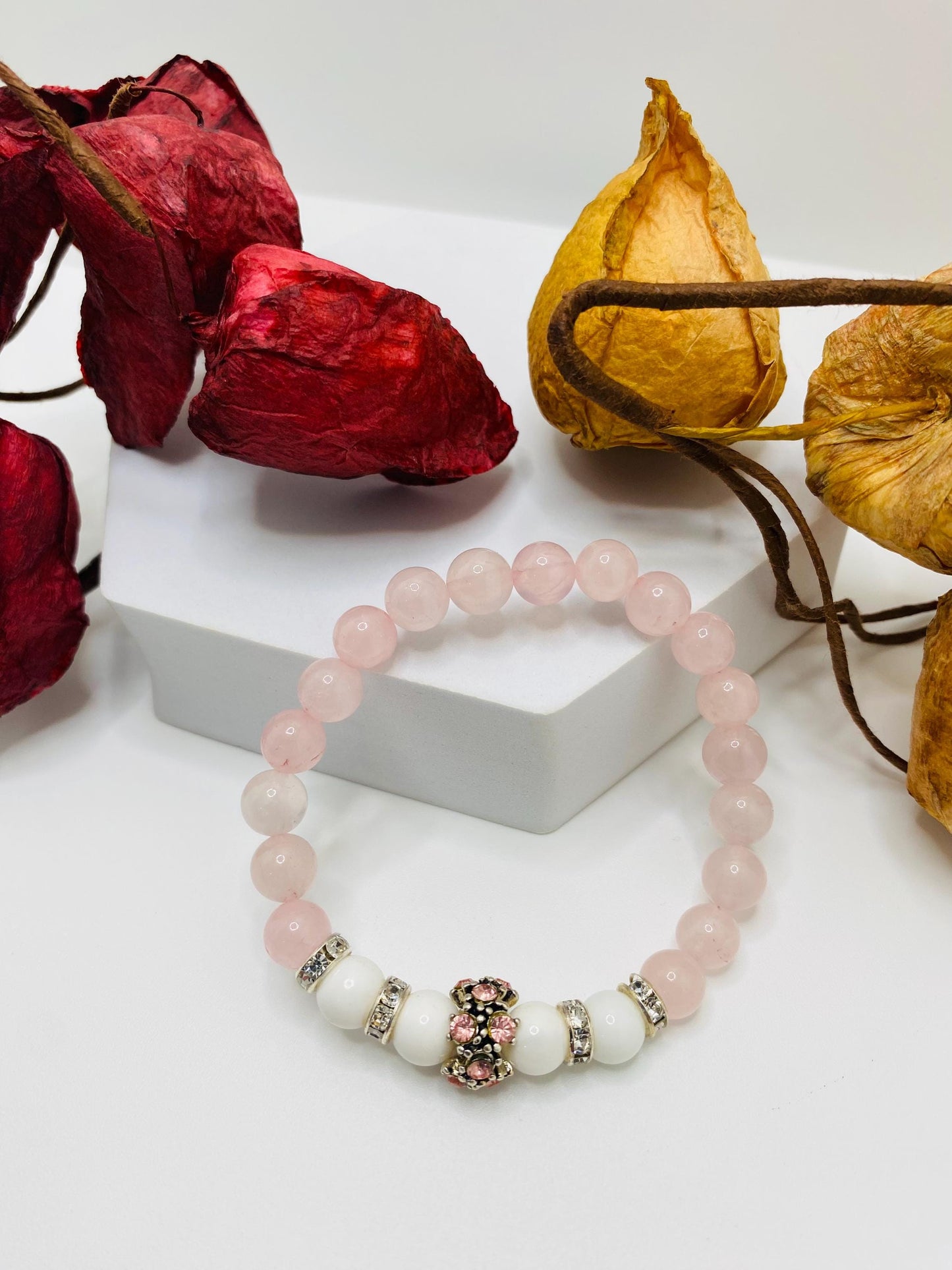 Rose Quartz Charm Bracelet: Agate Beads, Silver Rhinestone Charm
