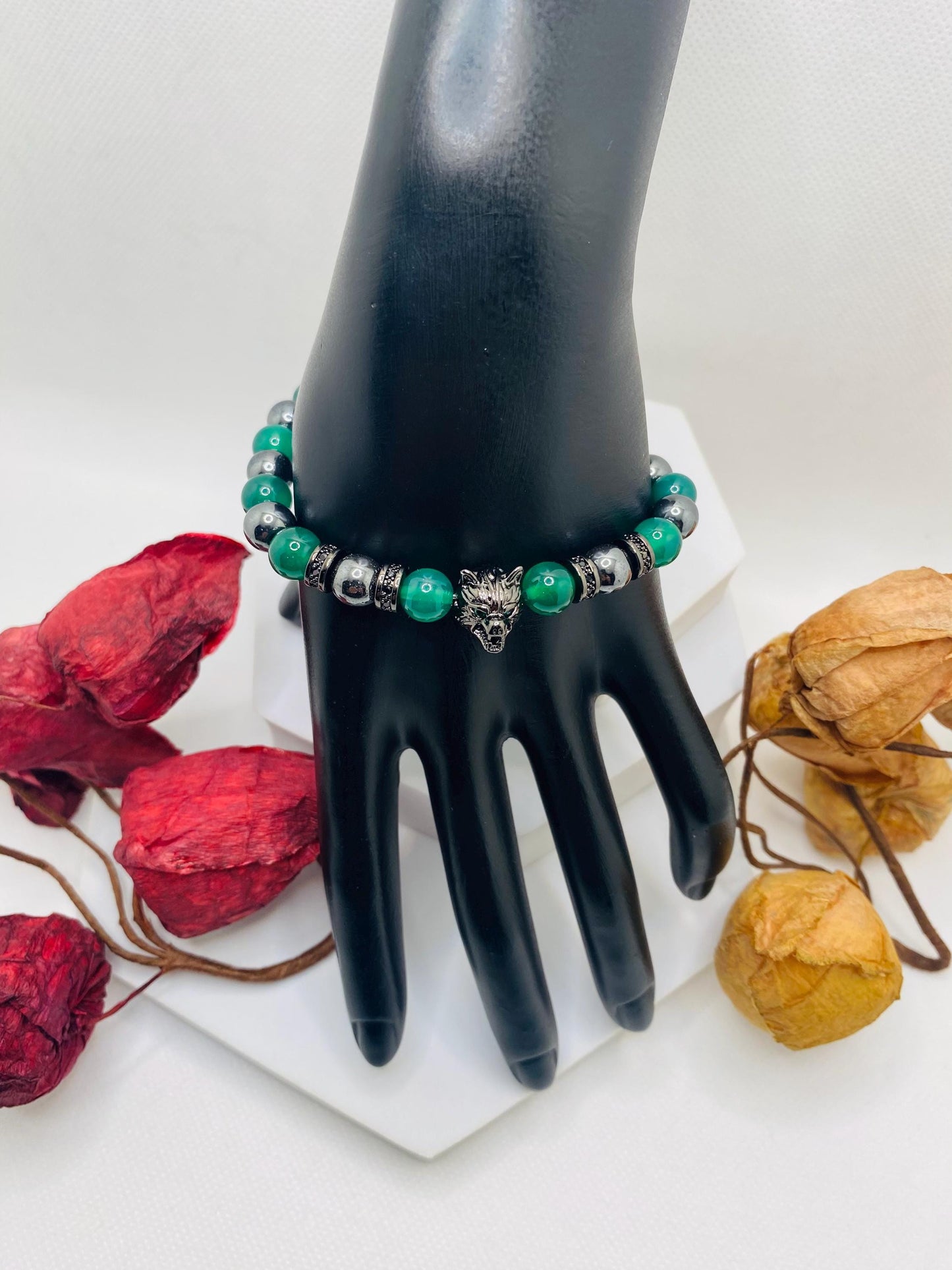Black Wolf Charm Bracelet: Jade & Hematite Gemstone Beads