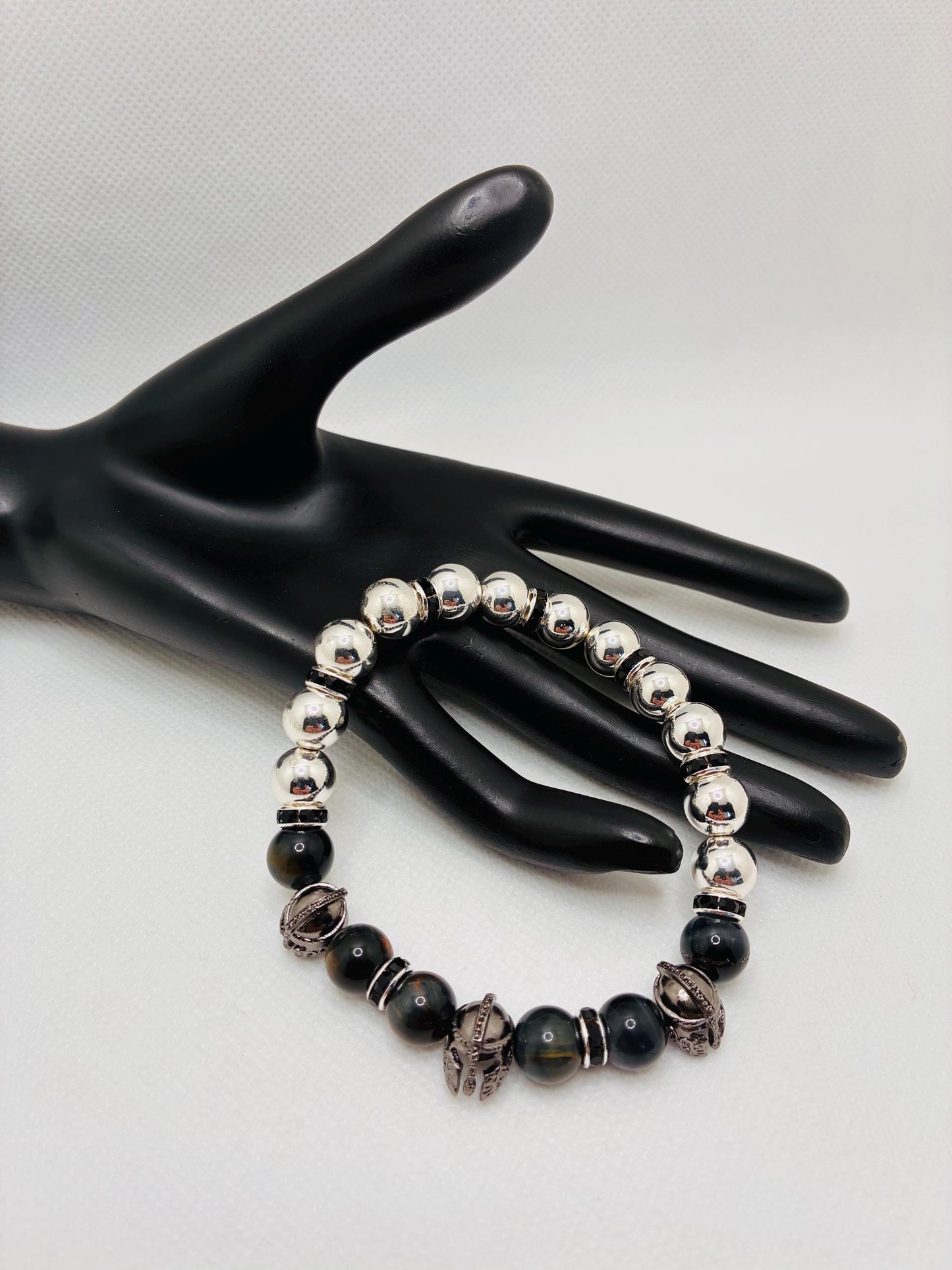 Mens Spartan Helmet Bracelet: Silver Hematite & Obsidian Gemstone Beads, Medieval Jewelry