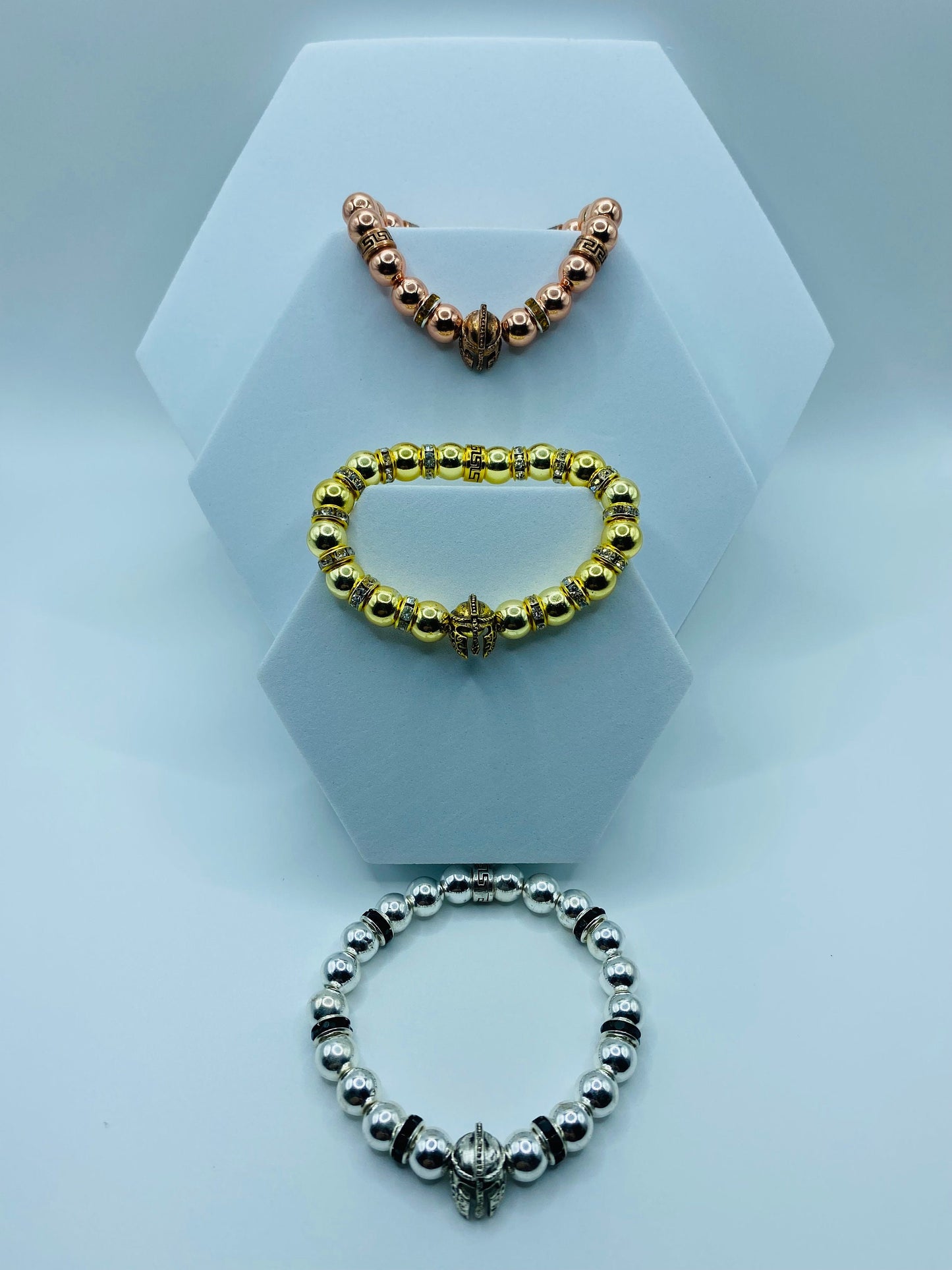 Mens Gold Hematite Bracelet: Spartan Helmet Charm, Rhinestone Rondelle Accents