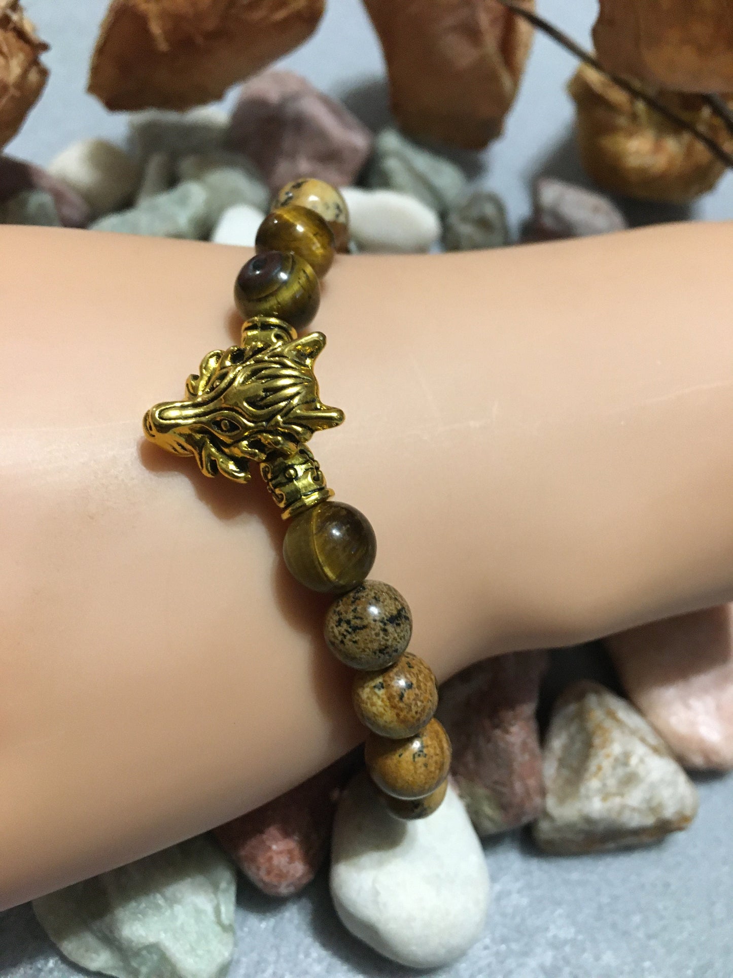 Wolf Head Charm Bracelet: Jasper & Tiger's Eye Gemstone Beads