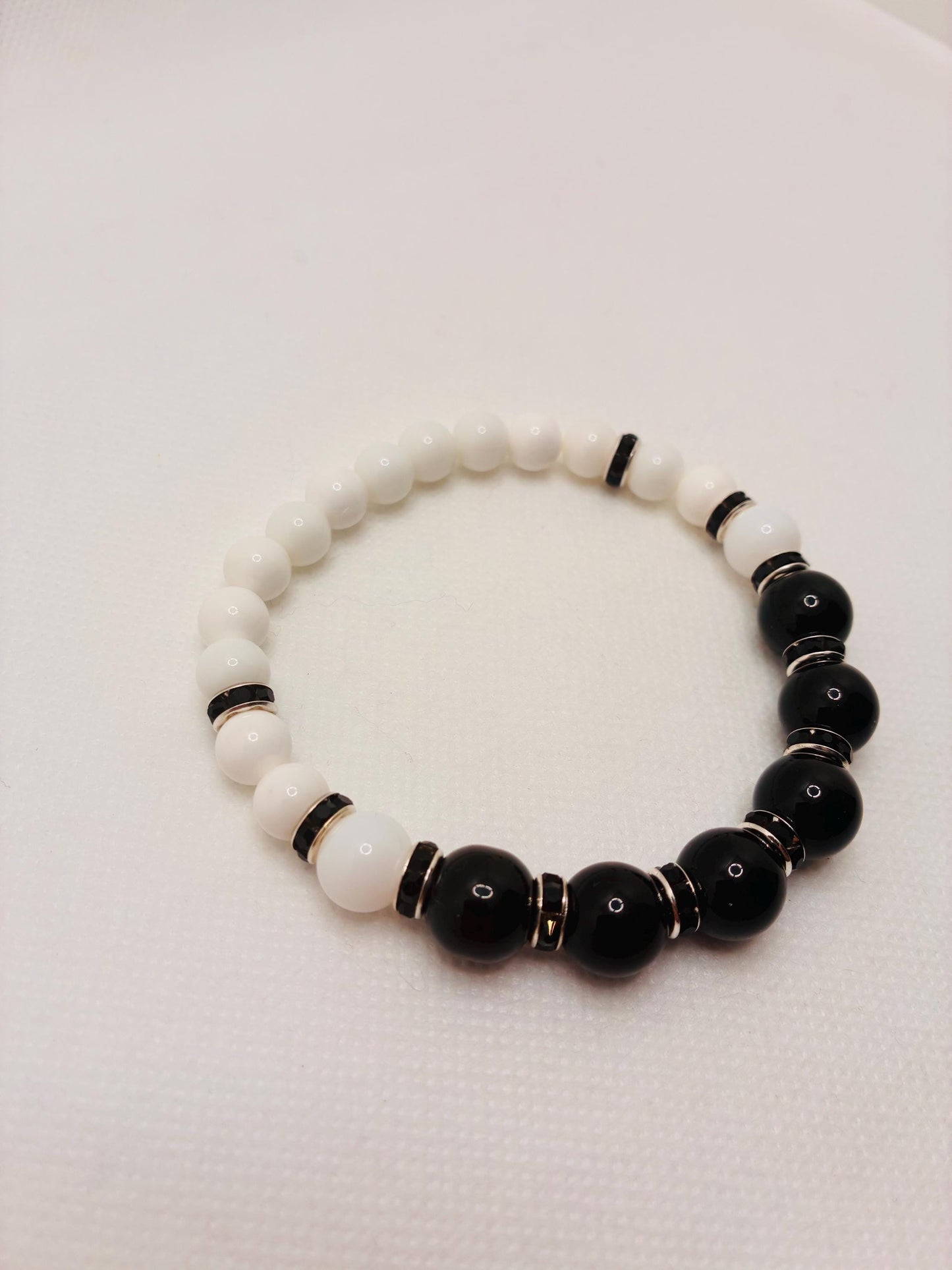 Onyx Gemstone Beaded Bracelet: Black & White Rhinestone Handmade Jewelry