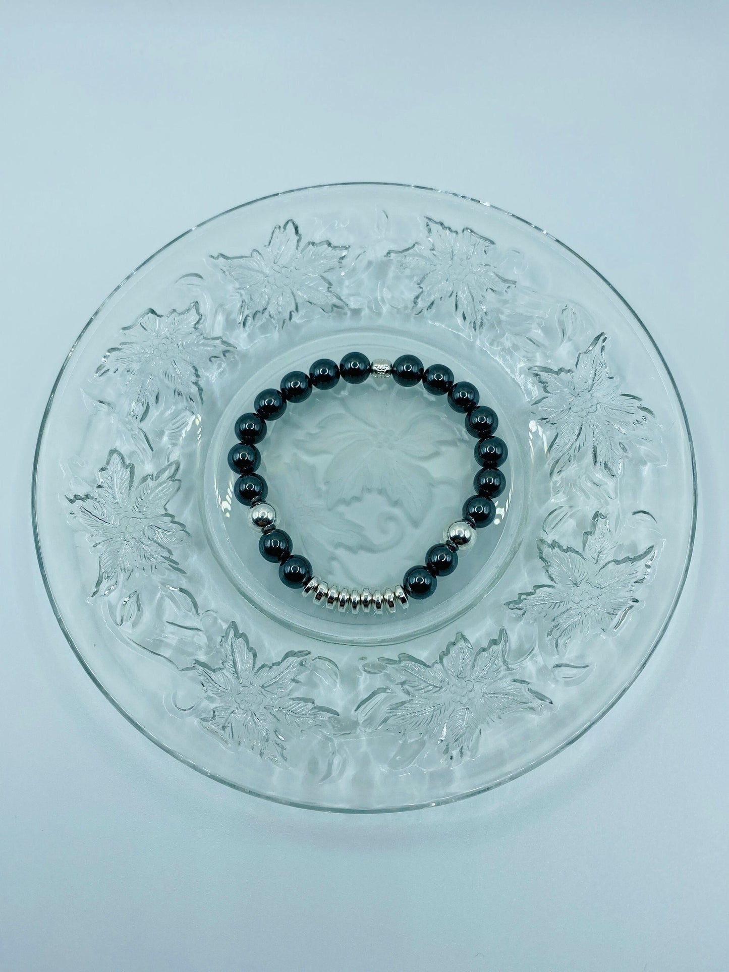 Mens Hematite Beaded Bracelet: Silver Plated Gemstone Jewelry