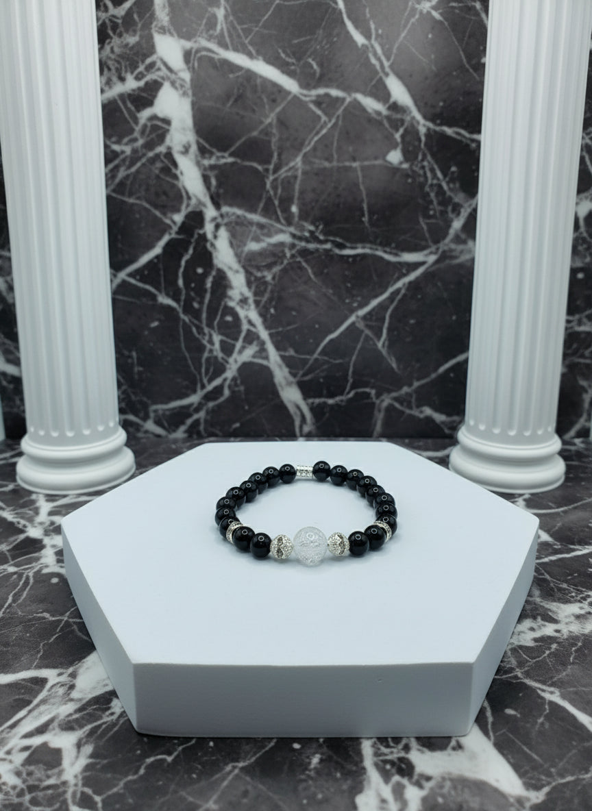 Handmade Black Onyx Bracelet: Crackle Quartz Crystal, Silver Accents