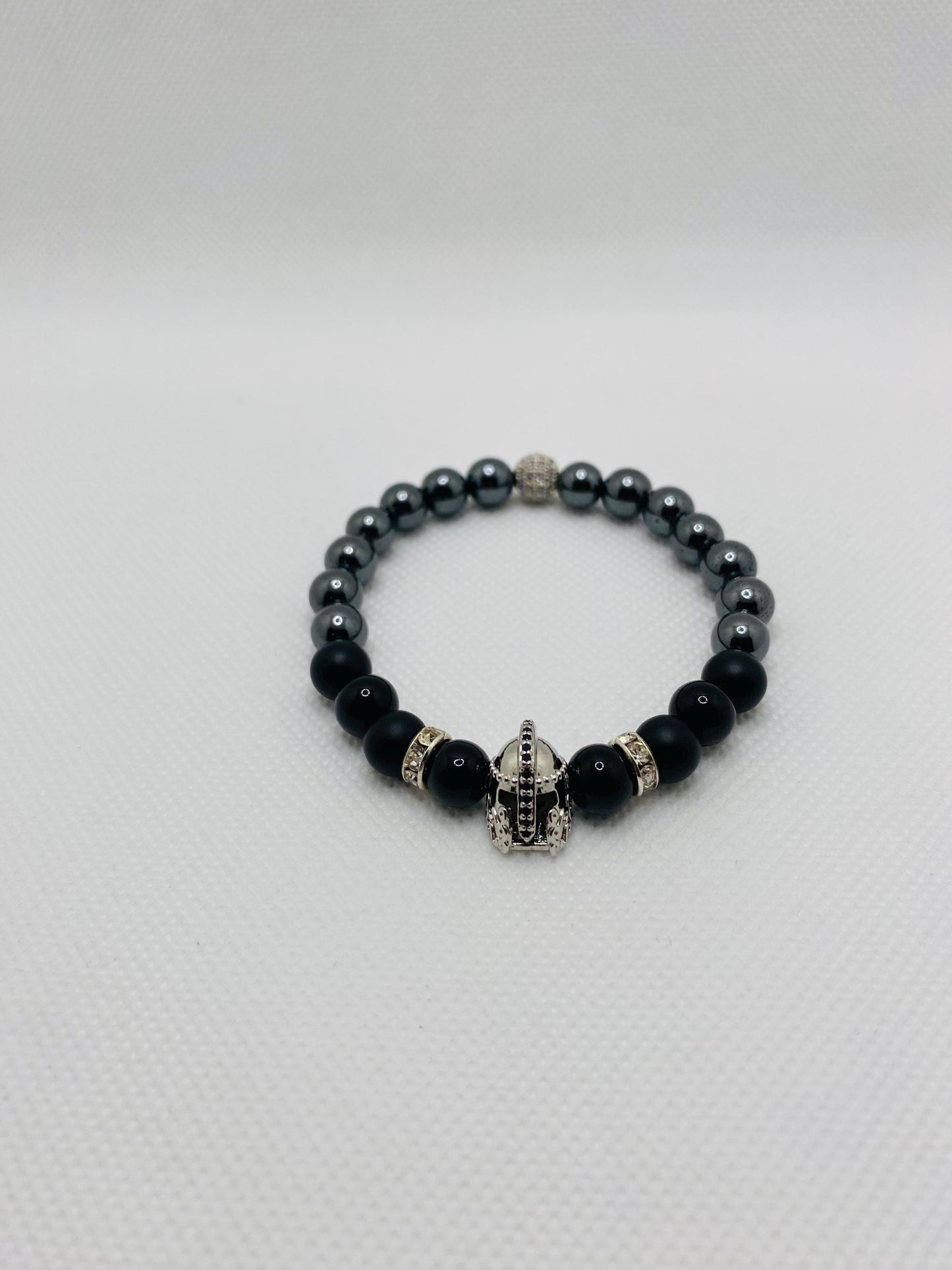 Mens Jewelry Silver Spartan Helmet Bracelet with black Onyx & Hematite Gemstone Beads - Medieval Jewelry