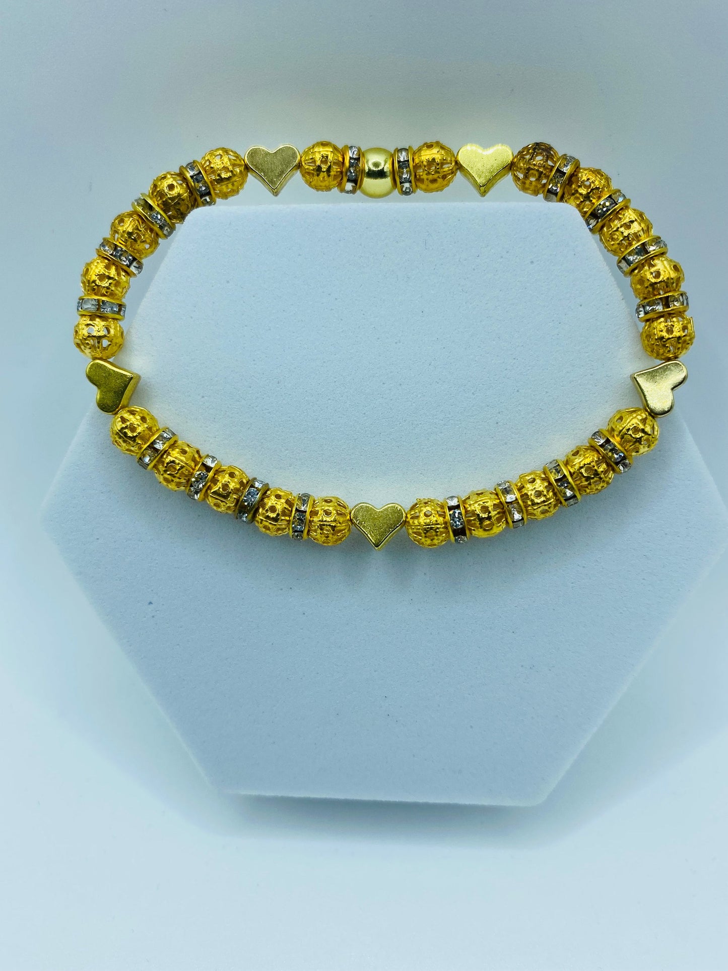 Gold Plated Heart Charm Bracelet: Rhinestone Beaded Jewelry