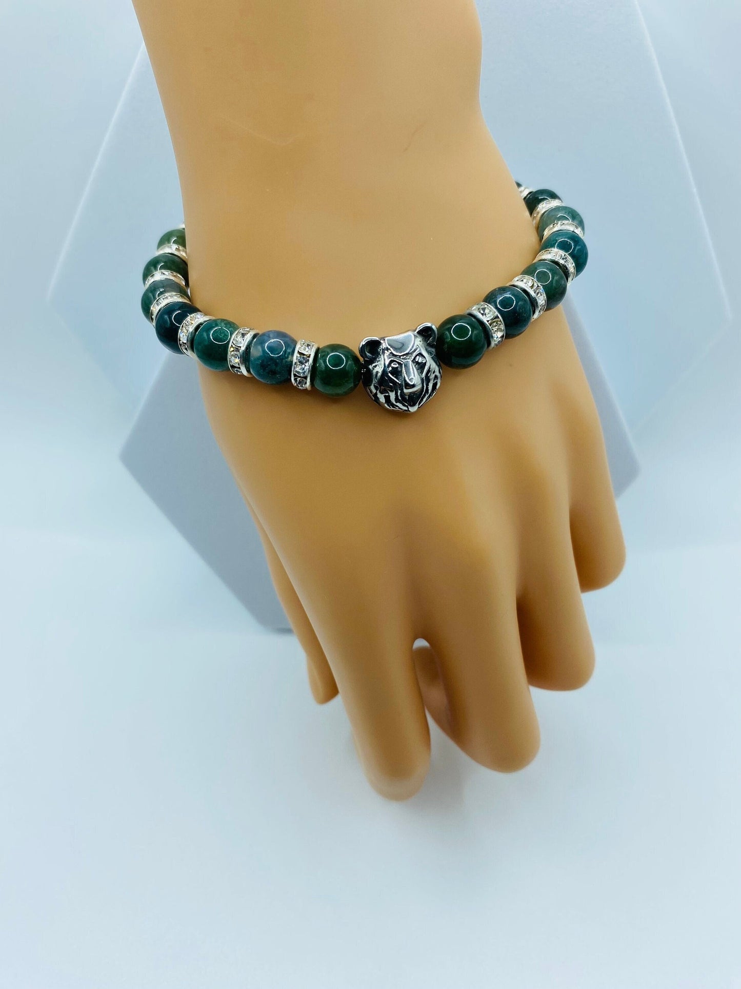 Mens Moss Agate Beaded Bracelet: Bear Charm, Rhinestone Spacers