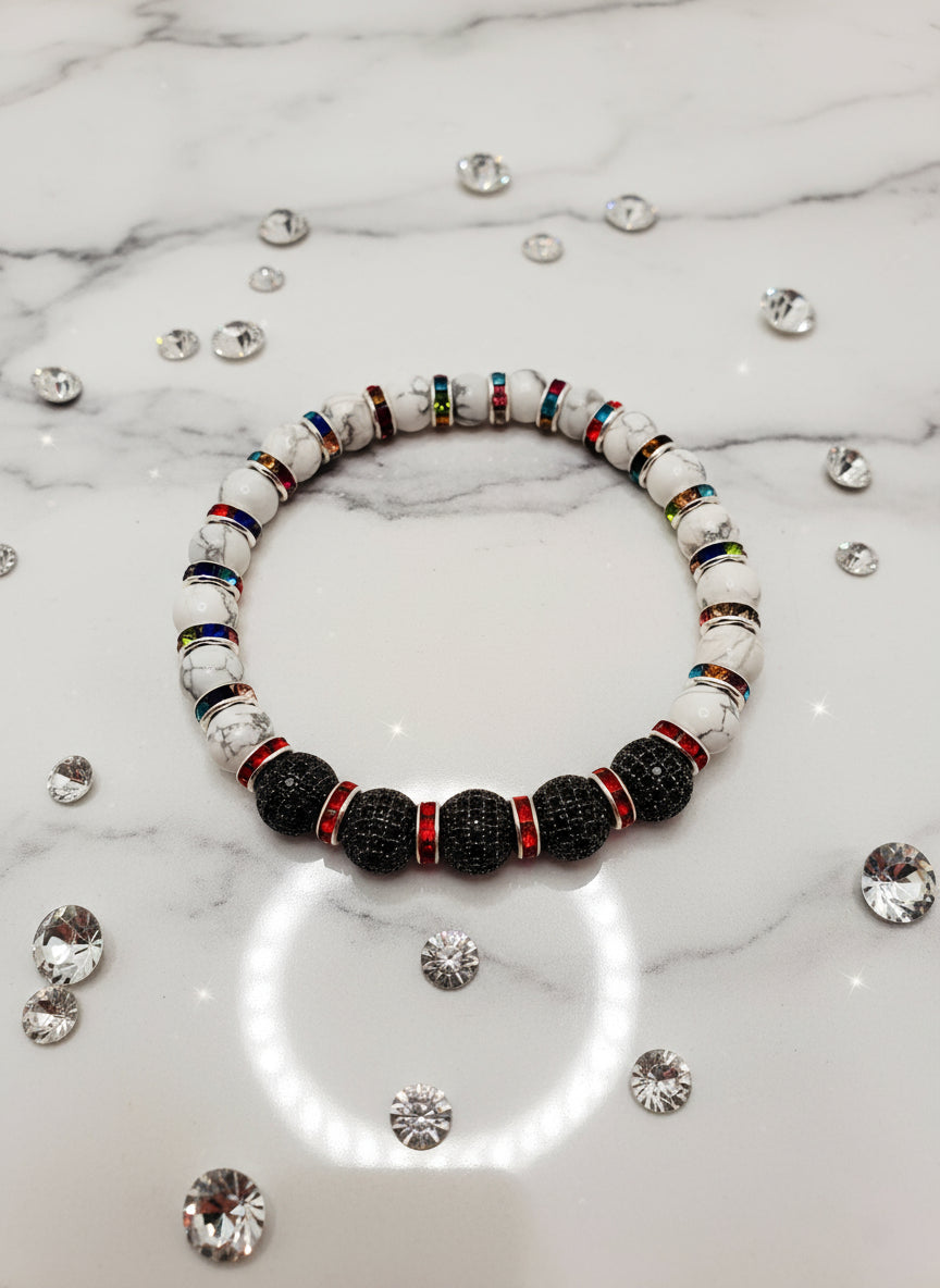 Womens Howlite Bracelet with Zircon Paved Rhinestone Charm Beads, Rainbow Bracelet