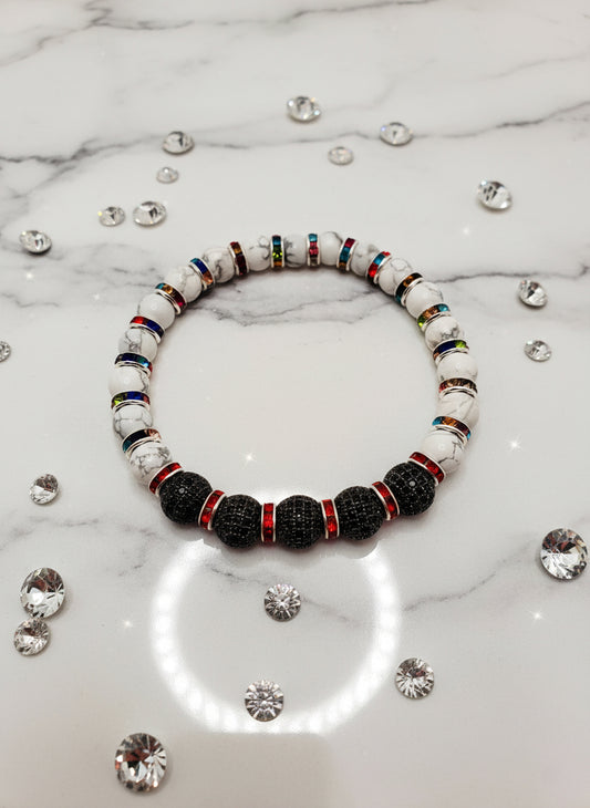 Womens Howlite Bracelet with Zircon Paved Rhinestone Charm Beads, Rainbow Bracelet